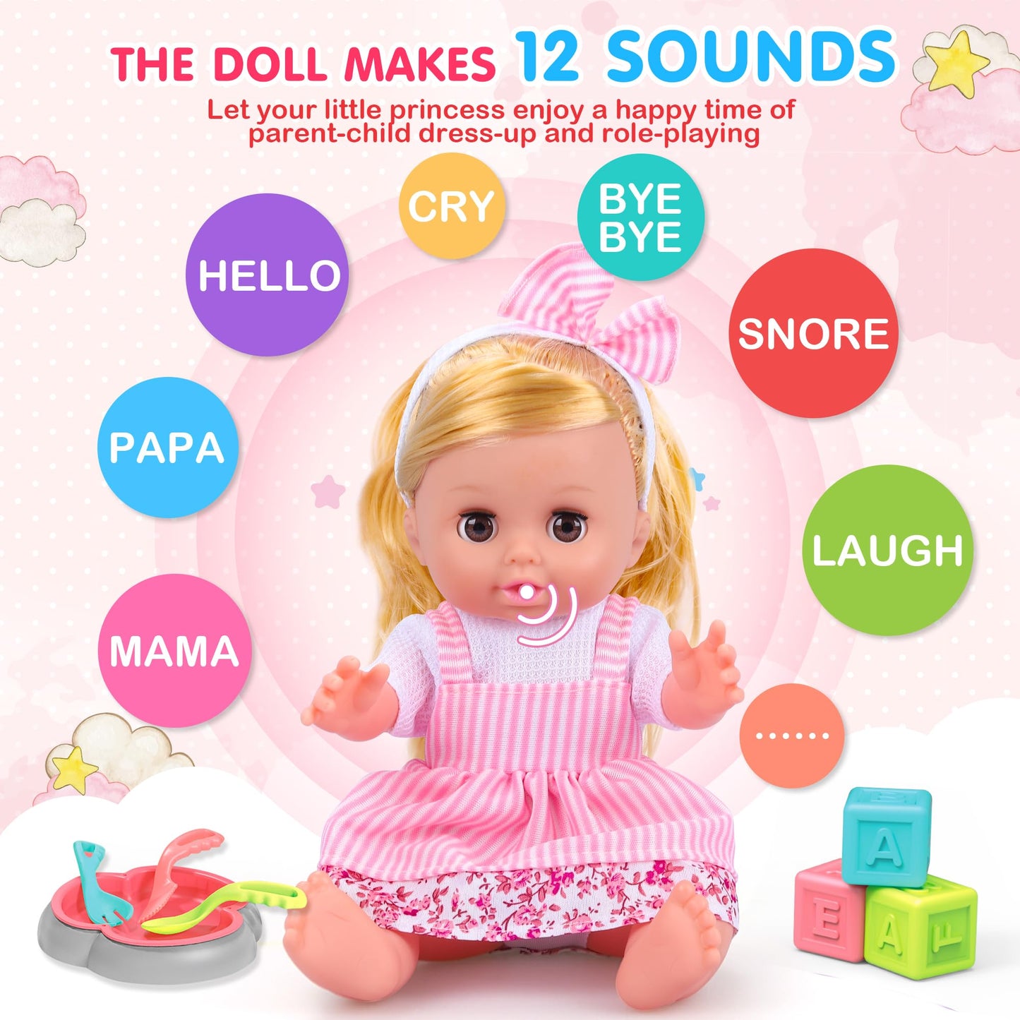 PROOU Baby Care Doll Toys Set 36PCS | 14-inch Doll, Hair Tools & Accessories for Pretend Play