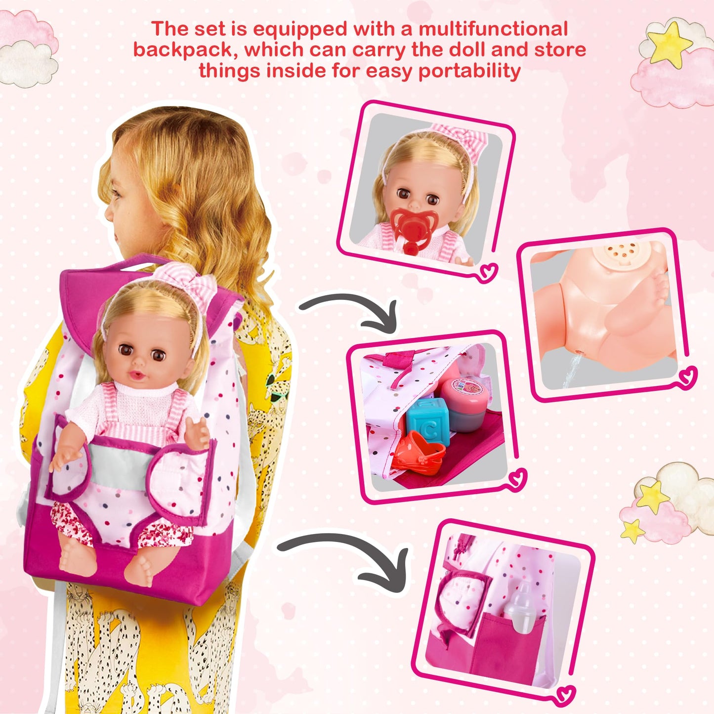 PROOU Baby Care Doll Toys Set 36PCS | 14-inch Doll, Hair Tools & Accessories for Pretend Play