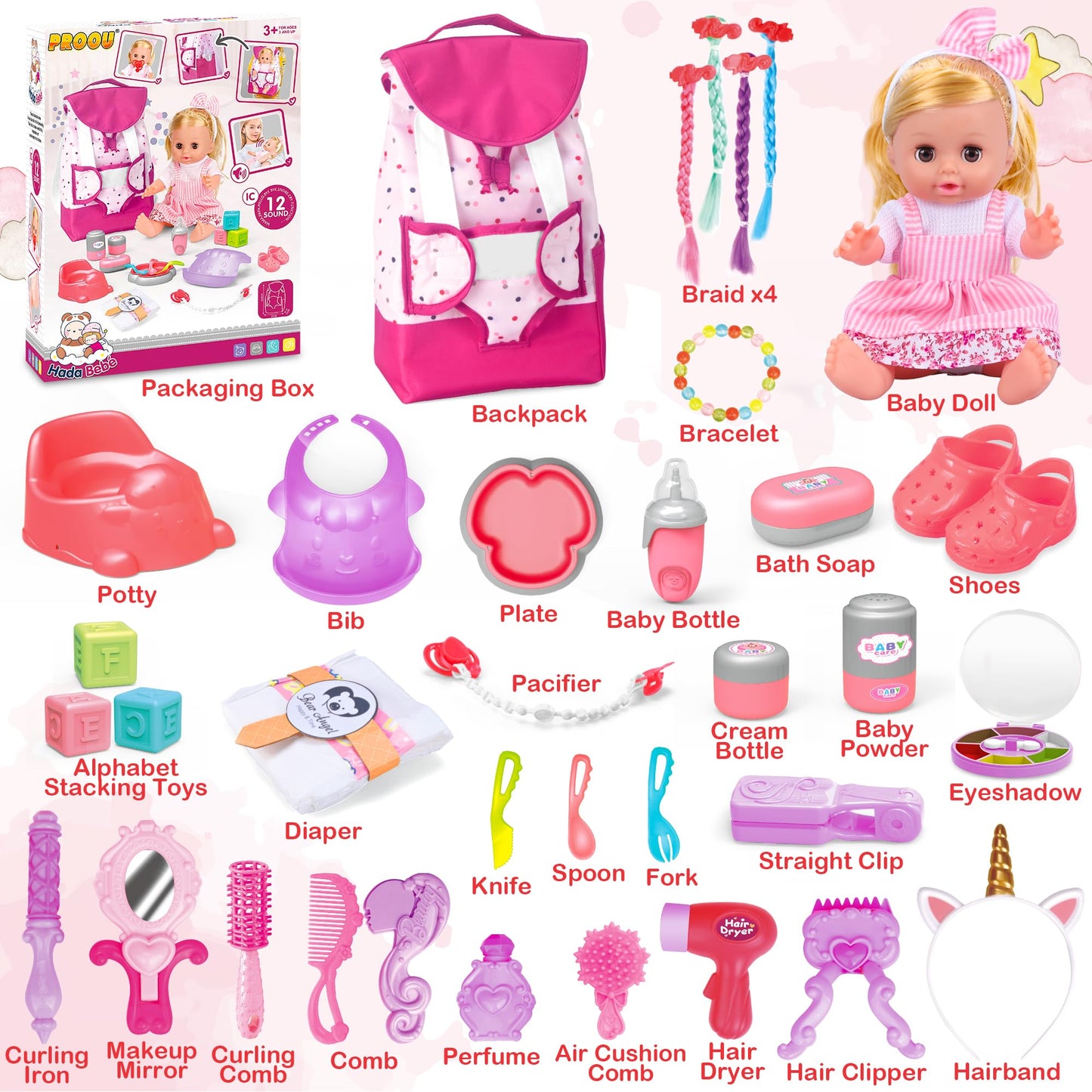 PROOU Baby Care Doll Toys Set 36PCS | 14-inch Doll, Hair Tools & Accessories for Pretend Play