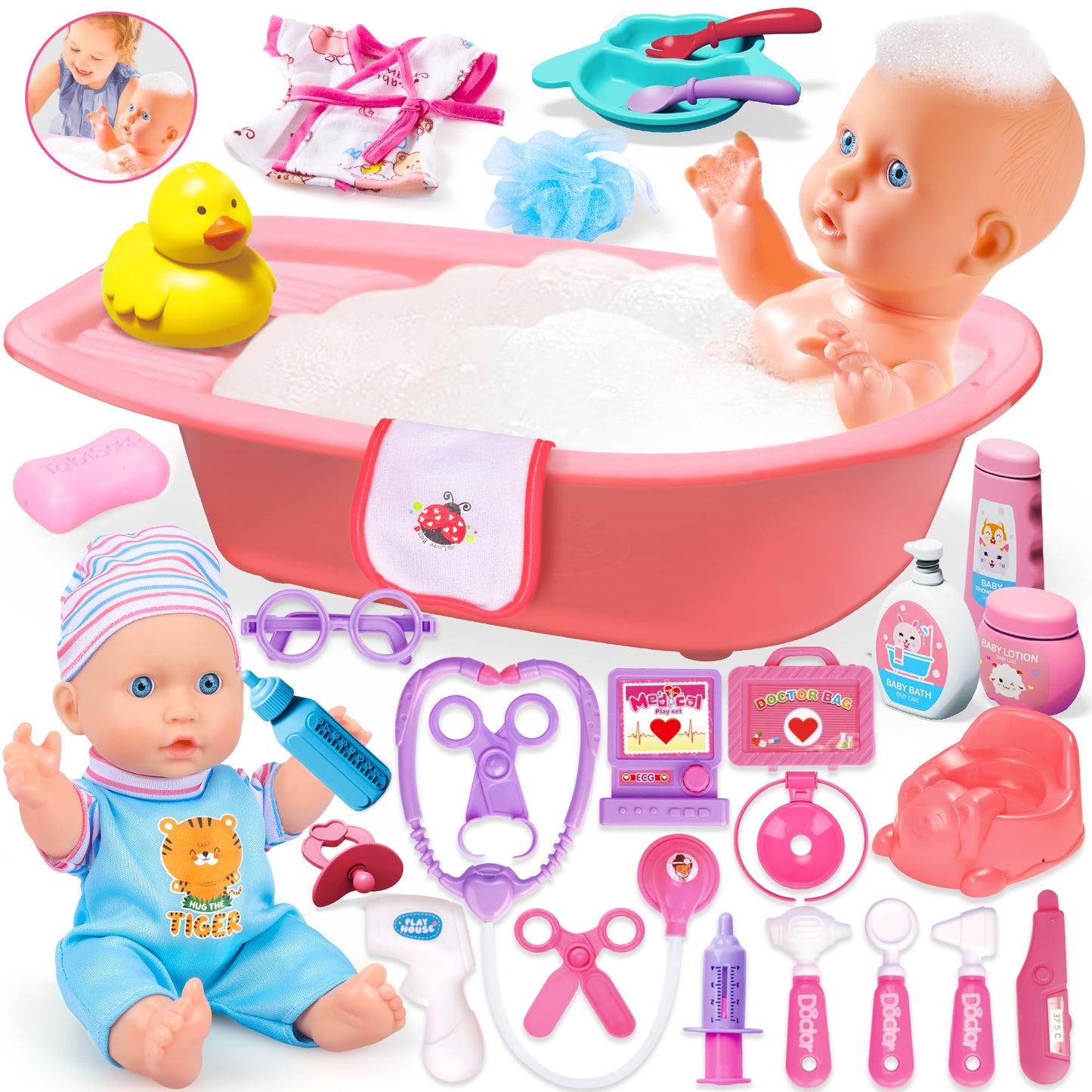 PROOU Baby Doll Care Toys – 30-Piece Bath Set & Doctor Kit for Imaginative Pretend Play