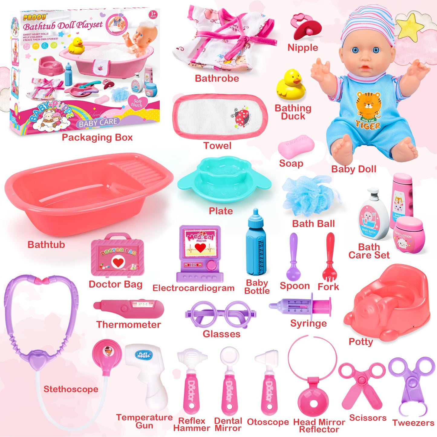 PROOU Baby Doll Care Toys – 30-Piece Bath Set & Doctor Kit for Imaginative Pretend Play