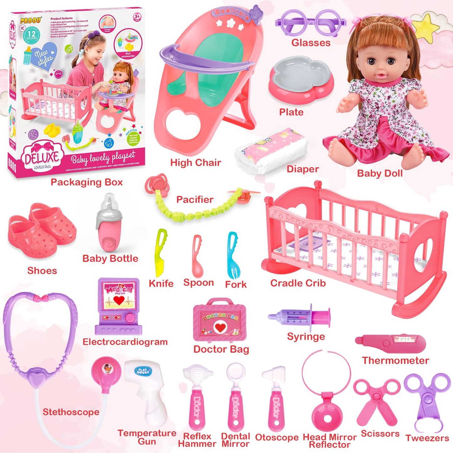 PROOU Baby Doll Toys Set — 25-Piece Care Playset with Cradle, High Chair, Bottles & Doctor Tools (Ages 3–6+)