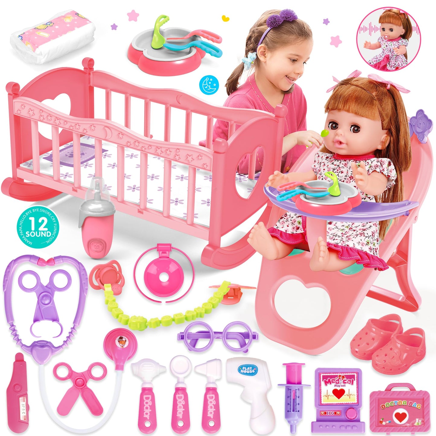 PROOU Baby Doll Toys Set — 25-Piece Care Playset with Cradle, High Chair, Bottles & Doctor Tools (Ages 3–6+)