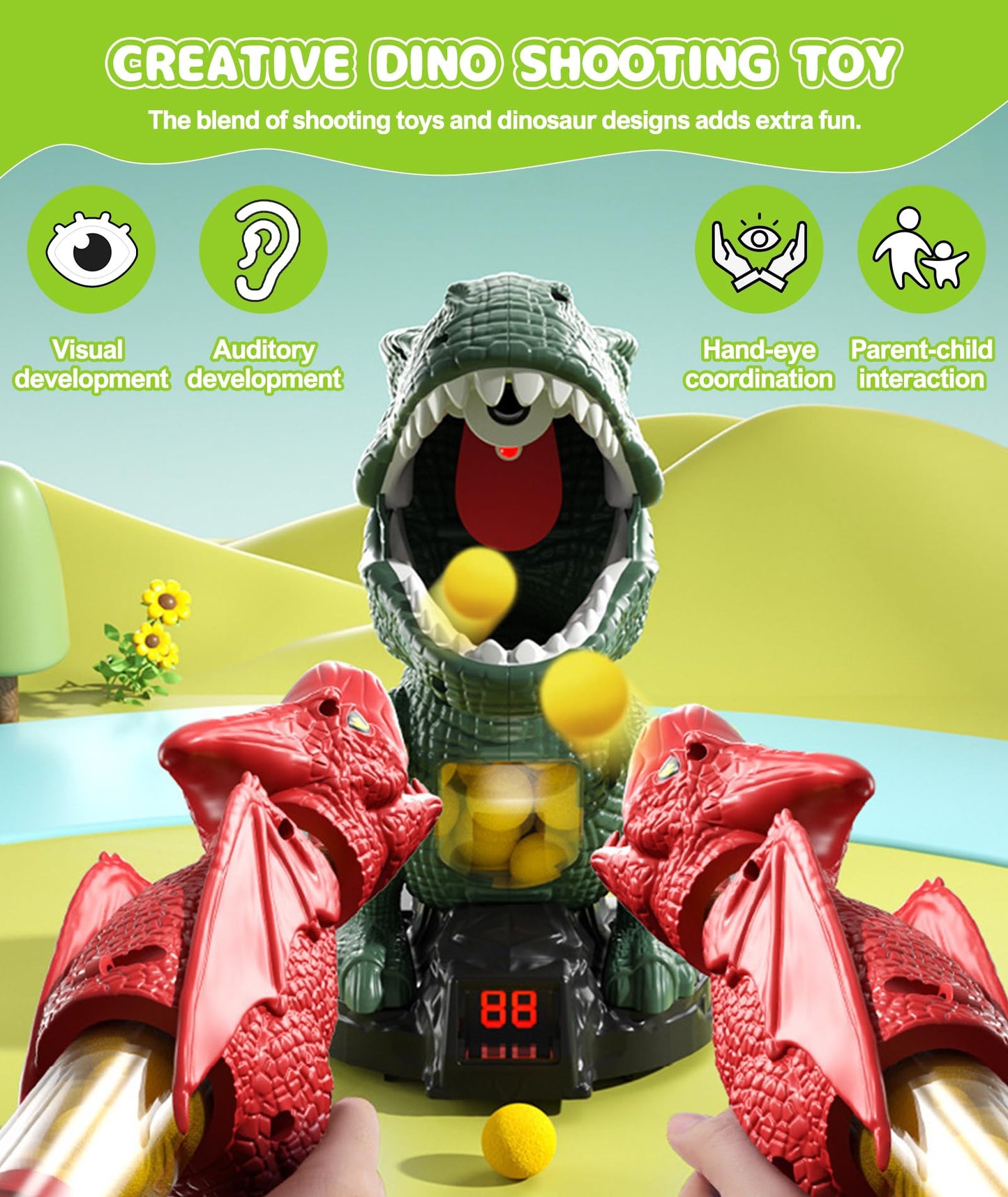 Protado Dinosaur Shooting Toy for Kids – 2 Air Pump Guns, 48 Foam Balls, LED Score, Spray & Sound (Green)