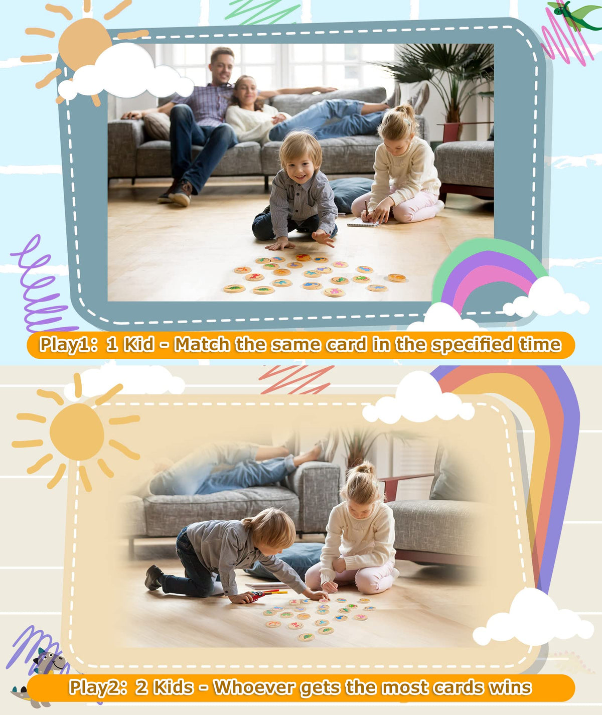 Protado Wooden Match Memory Game for Kids – 24 Dinosaur Cards, Educational Preschool Memory Match