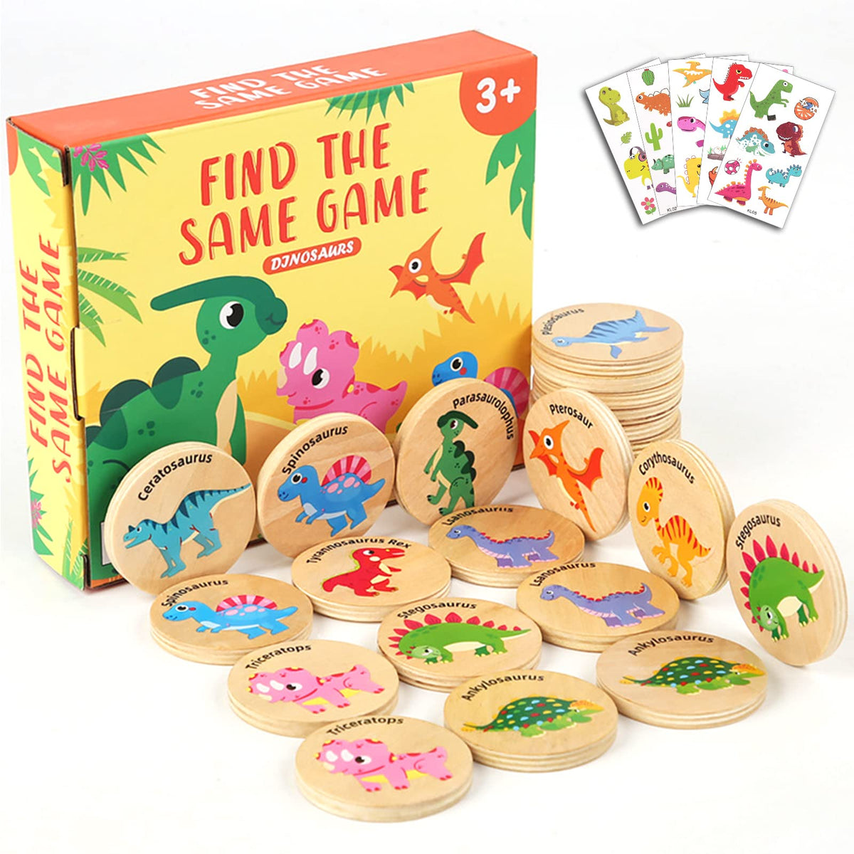 Protado Wooden Match Memory Game for Kids – 24 Dinosaur Cards, Educational Preschool Memory Match