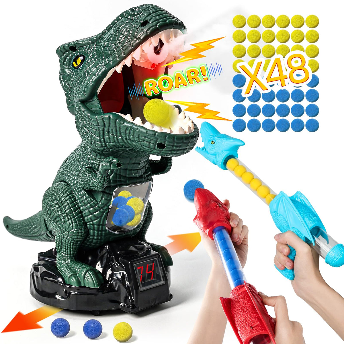 Protado Dinosaur Shooting Toy for Kids – 2 Air Pump Guns, 48 Foam Balls, LED Score, Spray & Sound (Green)