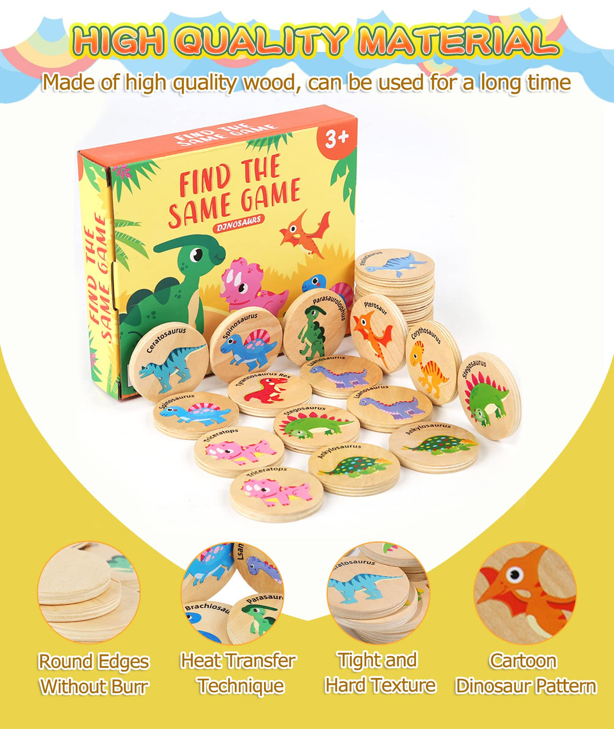 Protado Wooden Match Memory Game for Kids – 24 Dinosaur Cards, Educational Preschool Memory Match