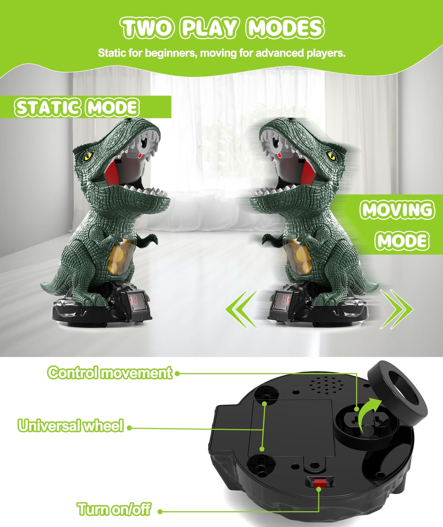Protado Dinosaur Shooting Toy for Kids – 2 Air Pump Guns, 48 Foam Balls, LED Score, Spray & Sound (Green)