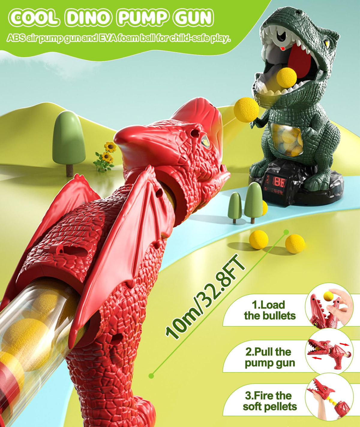Protado Dinosaur Shooting Toy for Kids – 2 Air Pump Guns, 48 Foam Balls, LED Score, Spray & Sound (Green)