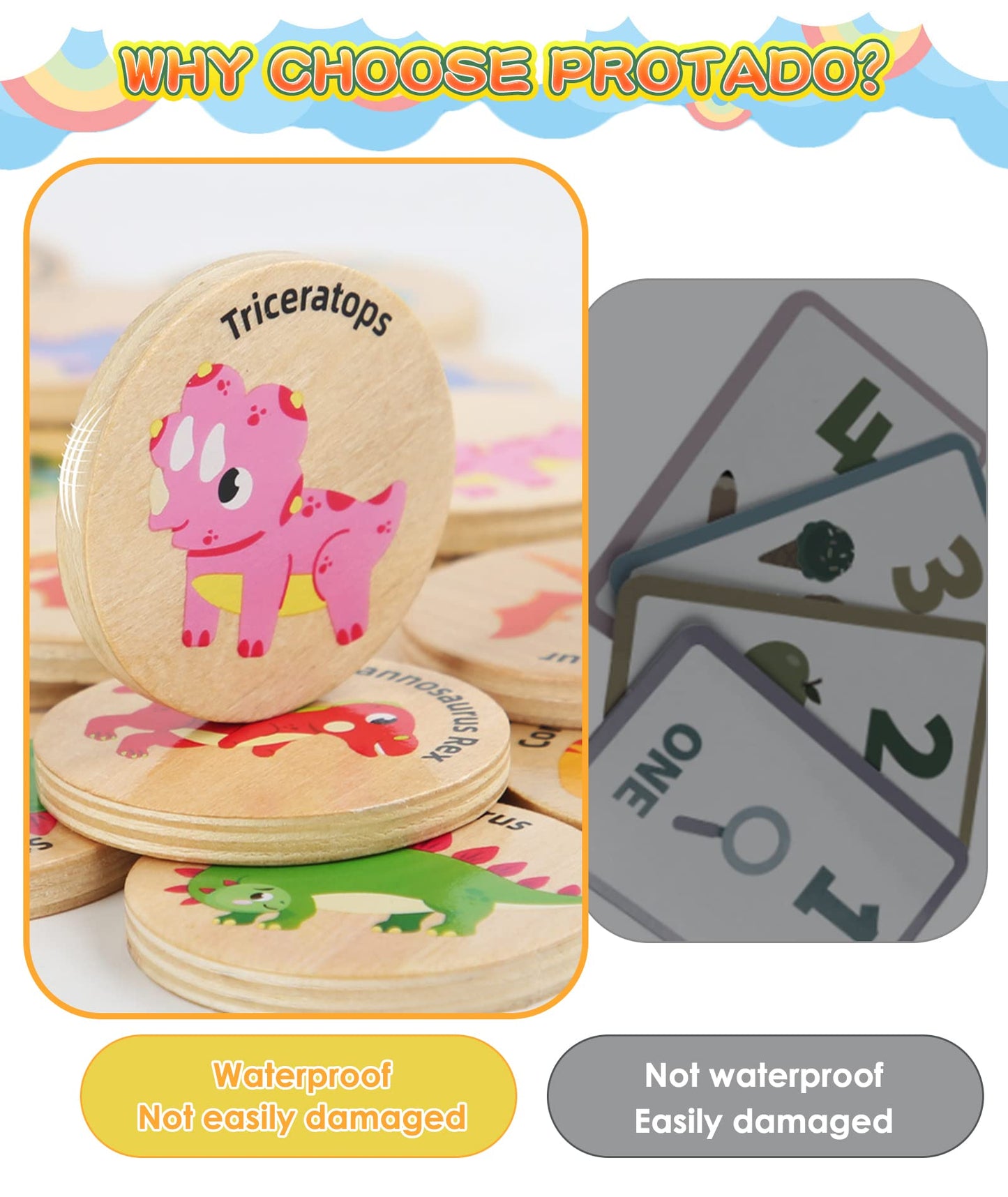 Protado Wooden Match Memory Game for Kids – 24 Dinosaur Cards, Educational Preschool Memory Match