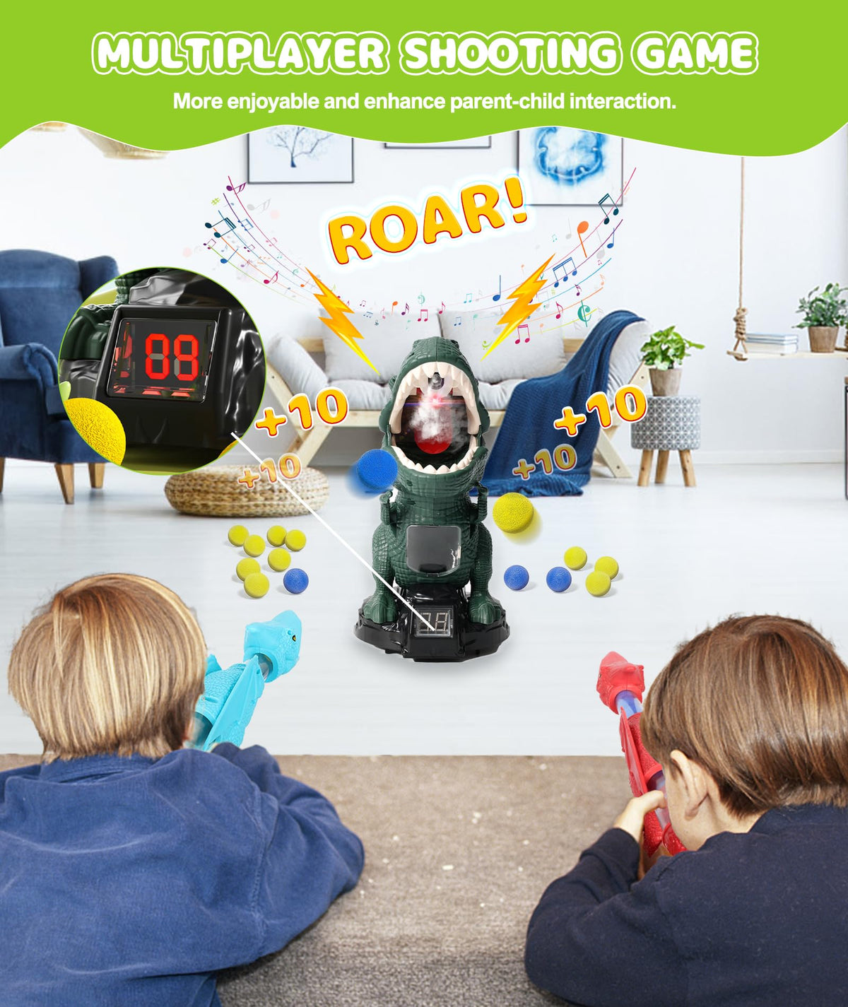 Protado Dinosaur Shooting Toy for Kids – 2 Air Pump Guns, 48 Foam Balls, LED Score, Spray & Sound (Green)