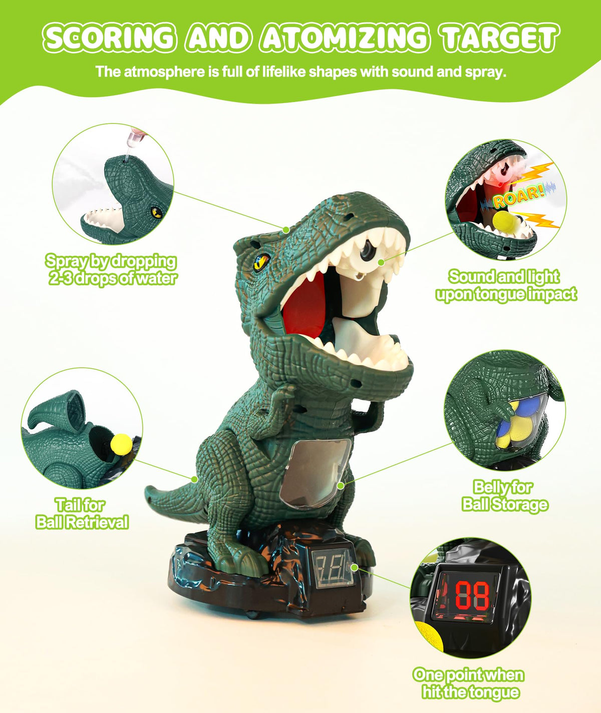 Protado Dinosaur Shooting Toy for Kids – 2 Air Pump Guns, 48 Foam Balls, LED Score, Spray & Sound (Green)