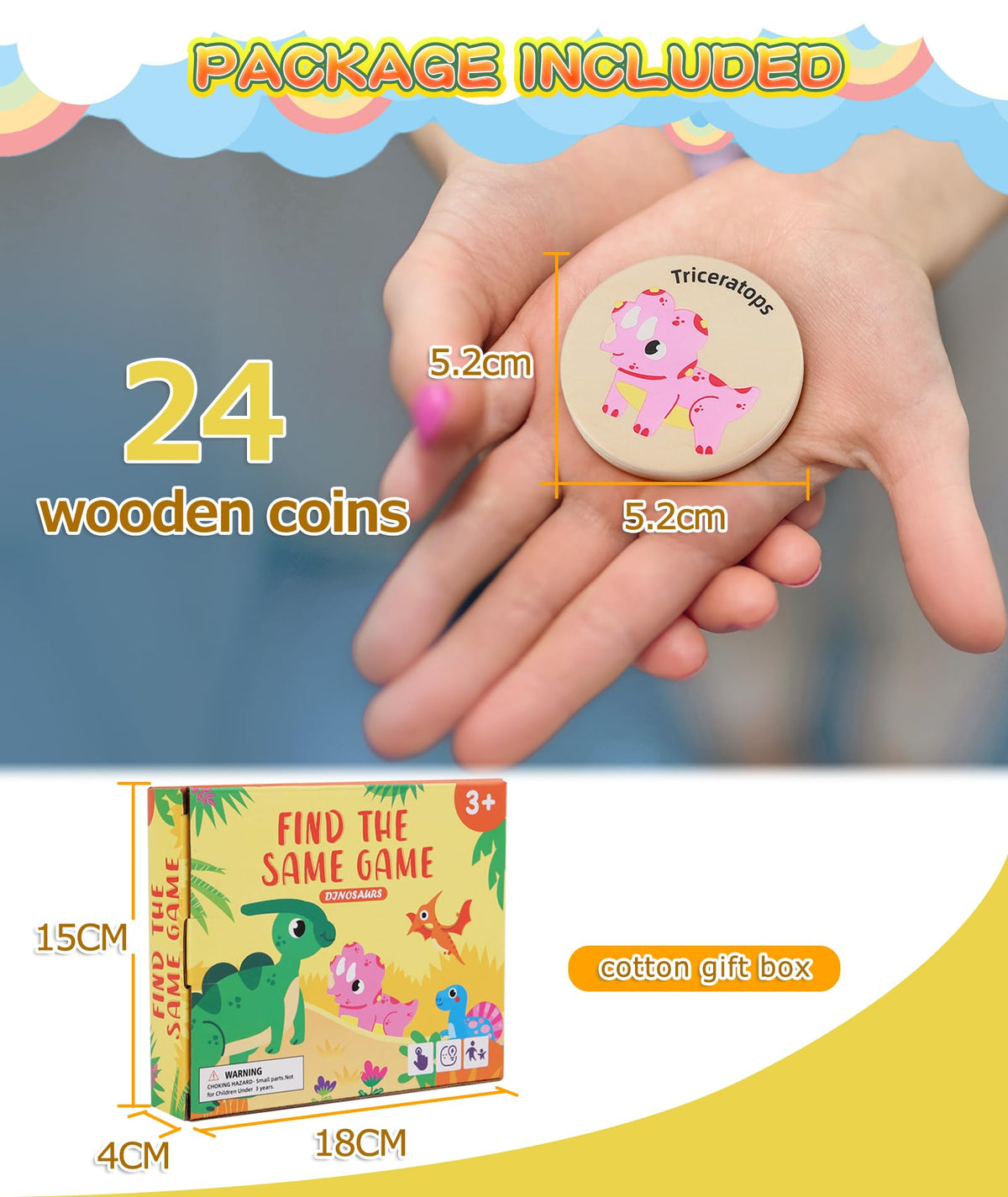 Protado Wooden Match Memory Game for Kids – 24 Dinosaur Cards, Educational Preschool Memory Match