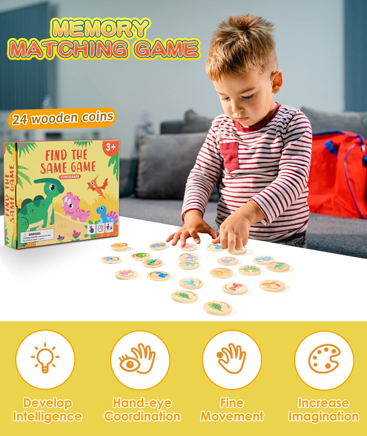 Protado Wooden Match Memory Game for Kids – 24 Dinosaur Cards, Educational Preschool Memory Match