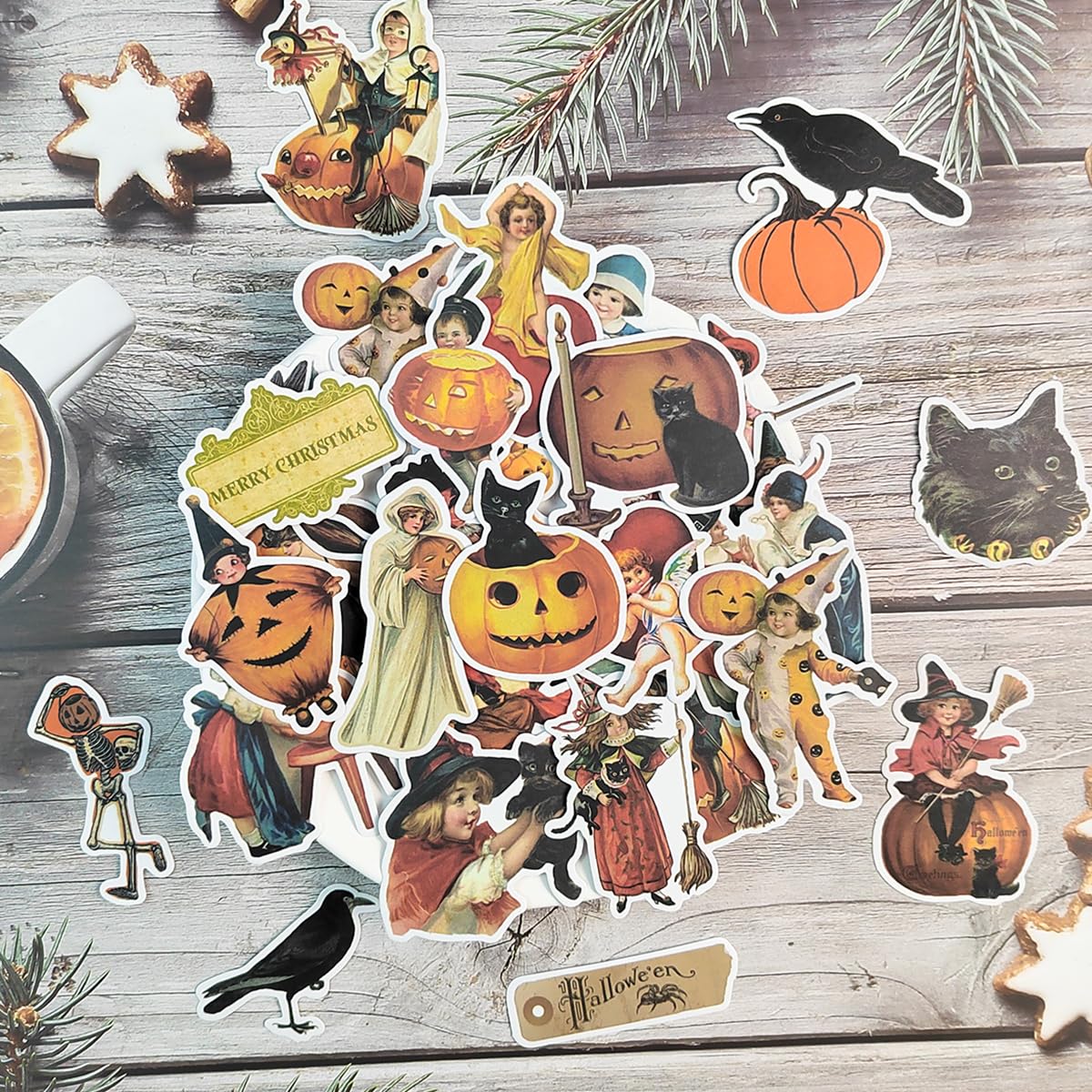 PRSTINCOL 100 Pcs Vintage Witch & Pumpkin Stickers – Halloween Scrapbook & DIY Decals