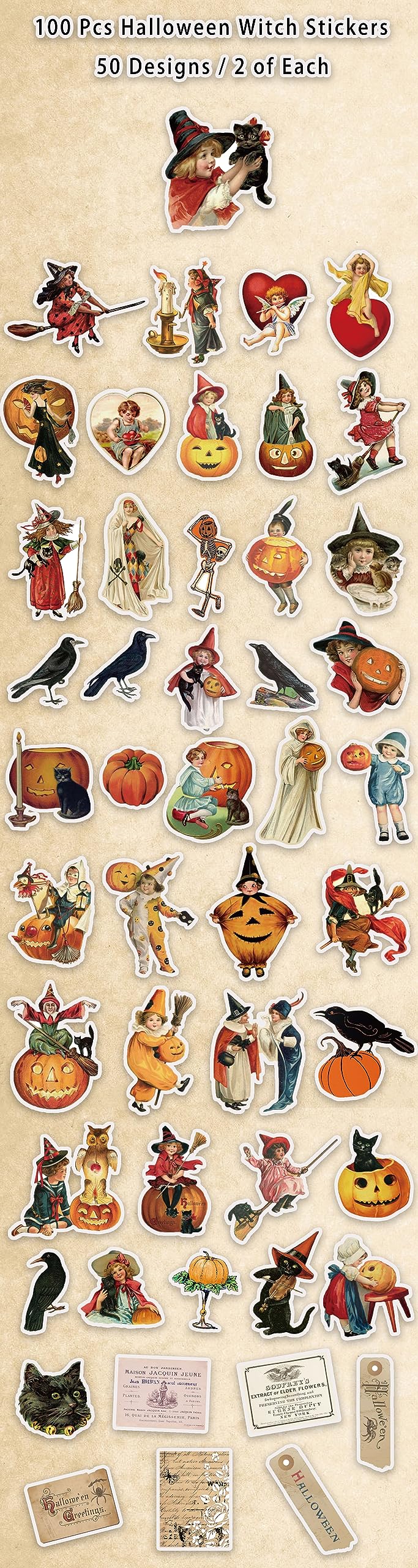 PRSTINCOL 100 Pcs Vintage Witch & Pumpkin Stickers – Halloween Scrapbook & DIY Decals