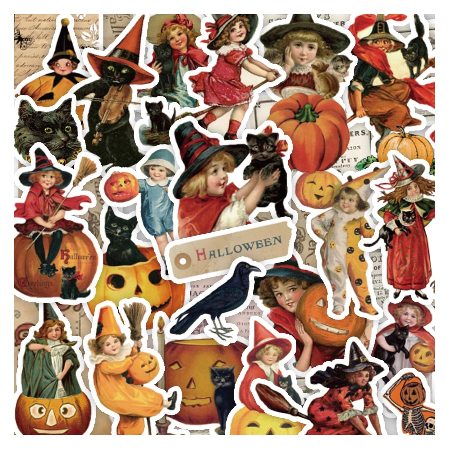 PRSTINCOL 100 Pcs Vintage Witch & Pumpkin Stickers – Halloween Scrapbook & DIY Decals