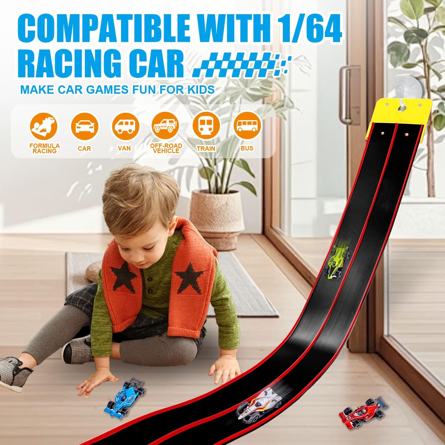 Prtneg Flexible Race Track – 15 Ft, 4 Cars, Double Lane, Suction Cups, Portable, Hot Wheels Compatible