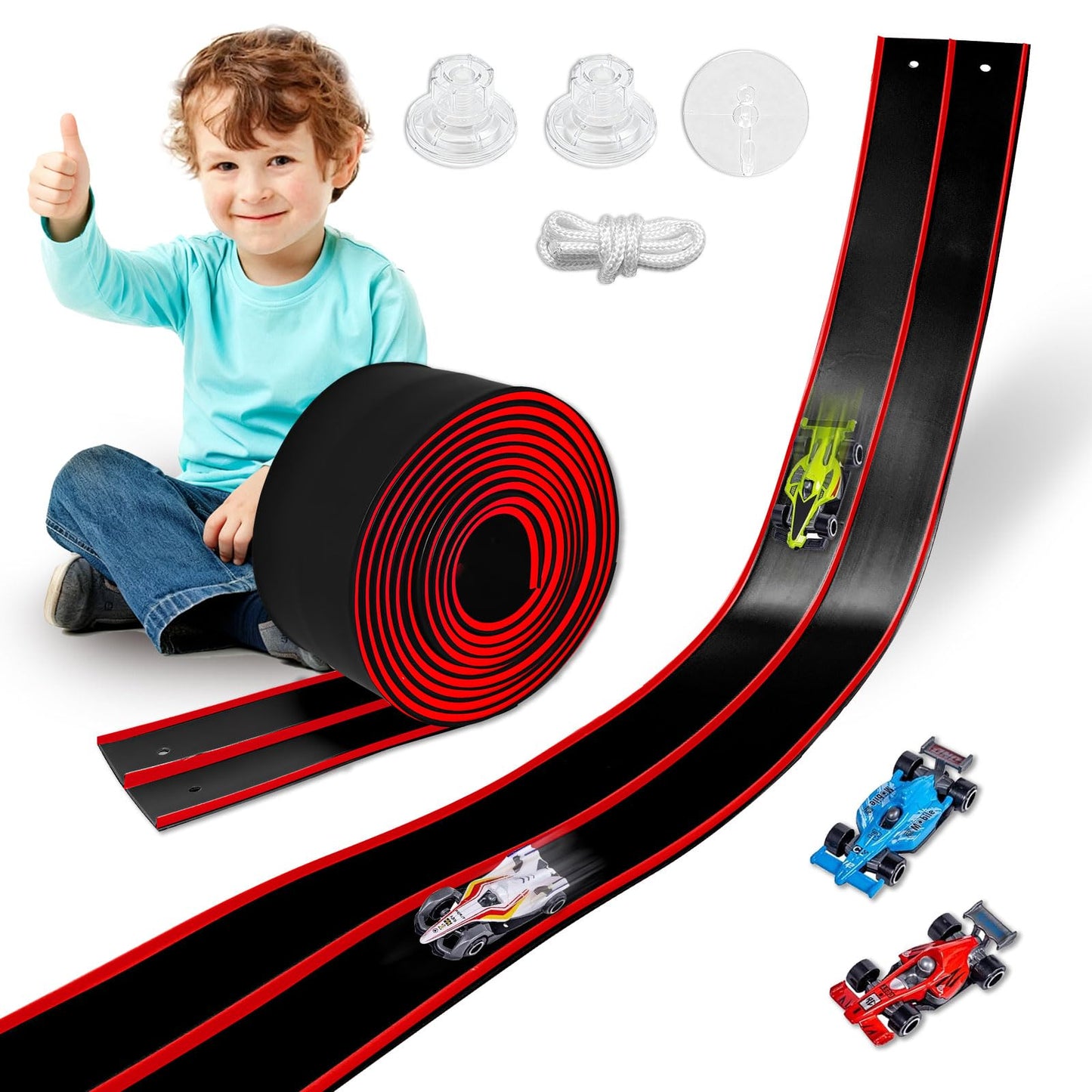Prtneg Flexible Race Track – 15 Ft, 4 Cars, Double Lane, Suction Cups, Portable, Hot Wheels Compatible