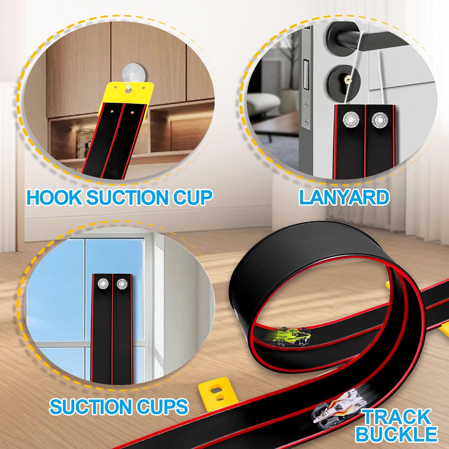 Prtneg Flexible Race Track – 15 Ft, 4 Cars, Double Lane, Suction Cups, Portable, Hot Wheels Compatible