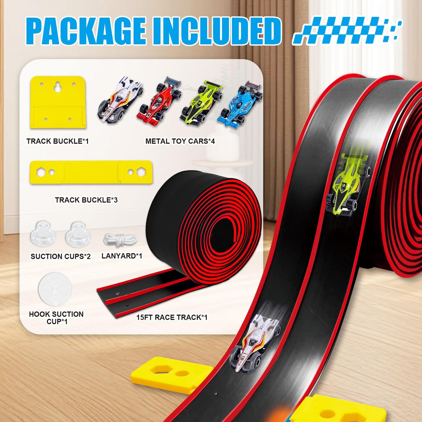Prtneg Flexible Race Track – 15 Ft, 4 Cars, Double Lane, Suction Cups, Portable, Hot Wheels Compatible