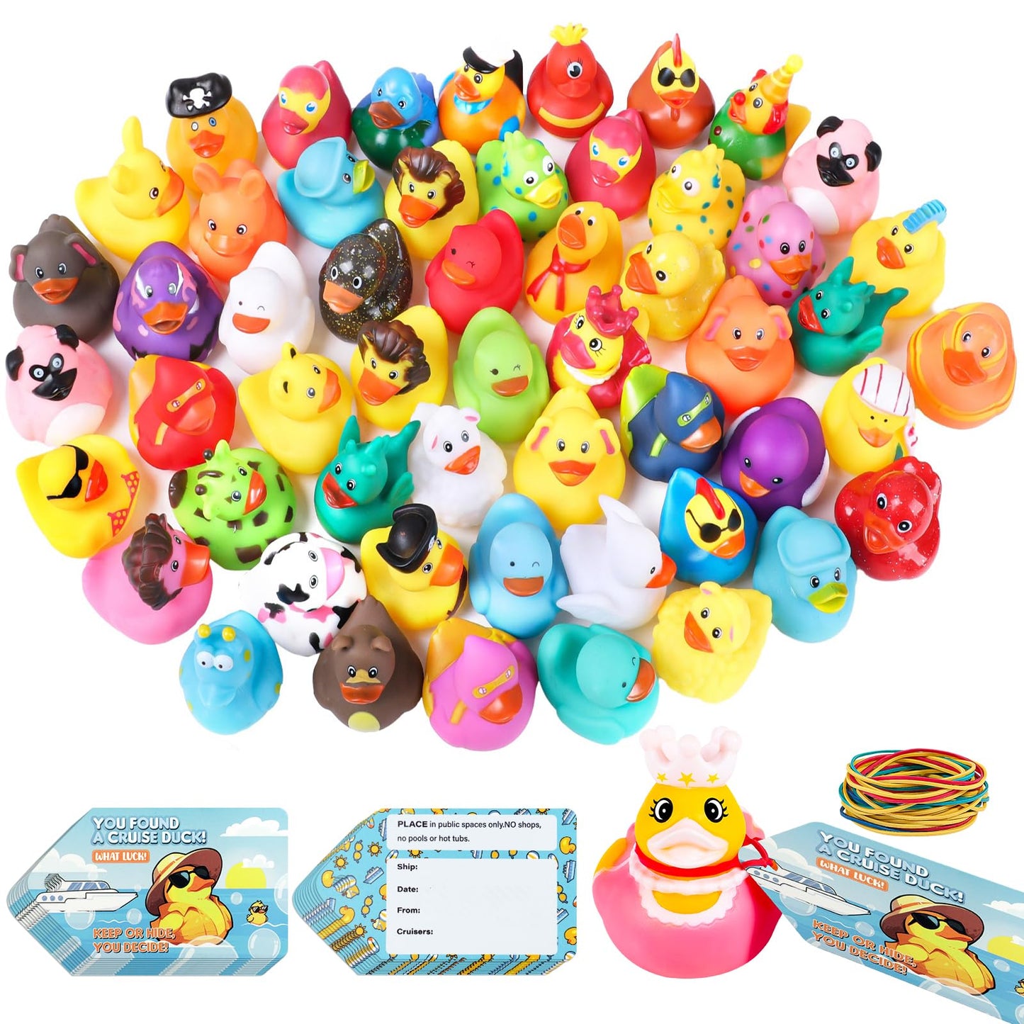 Prudiut 80-Piece Cruise Duck Kit with Tags & Bands – 25 Ducks, 25 Tags, 30 Rubber Bands | Ship Essentials