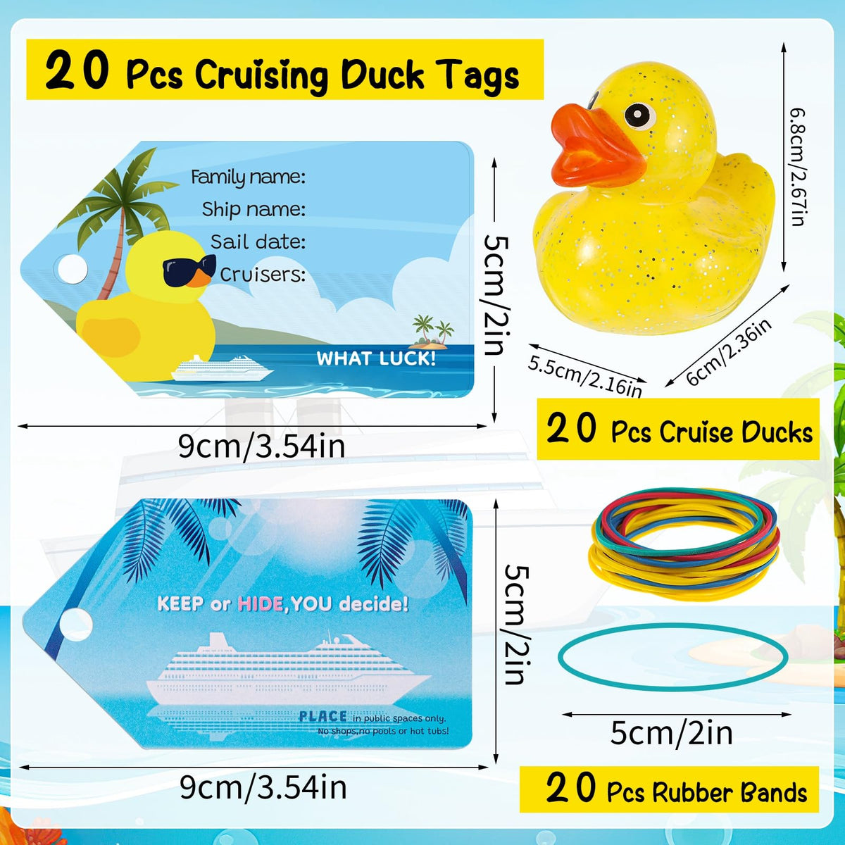 Prudiut 60 PCS Cruise Duck Tags Kit – 20 Ducks, 20 Tags, 20 Rubber Bands