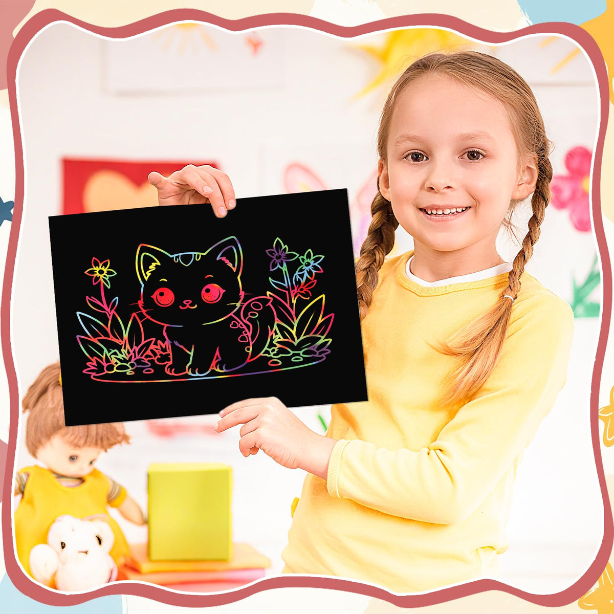 Prudiut 3-Pack Rainbow Scratch Art Kit for Kids – Creative Notebooks & Stencils
