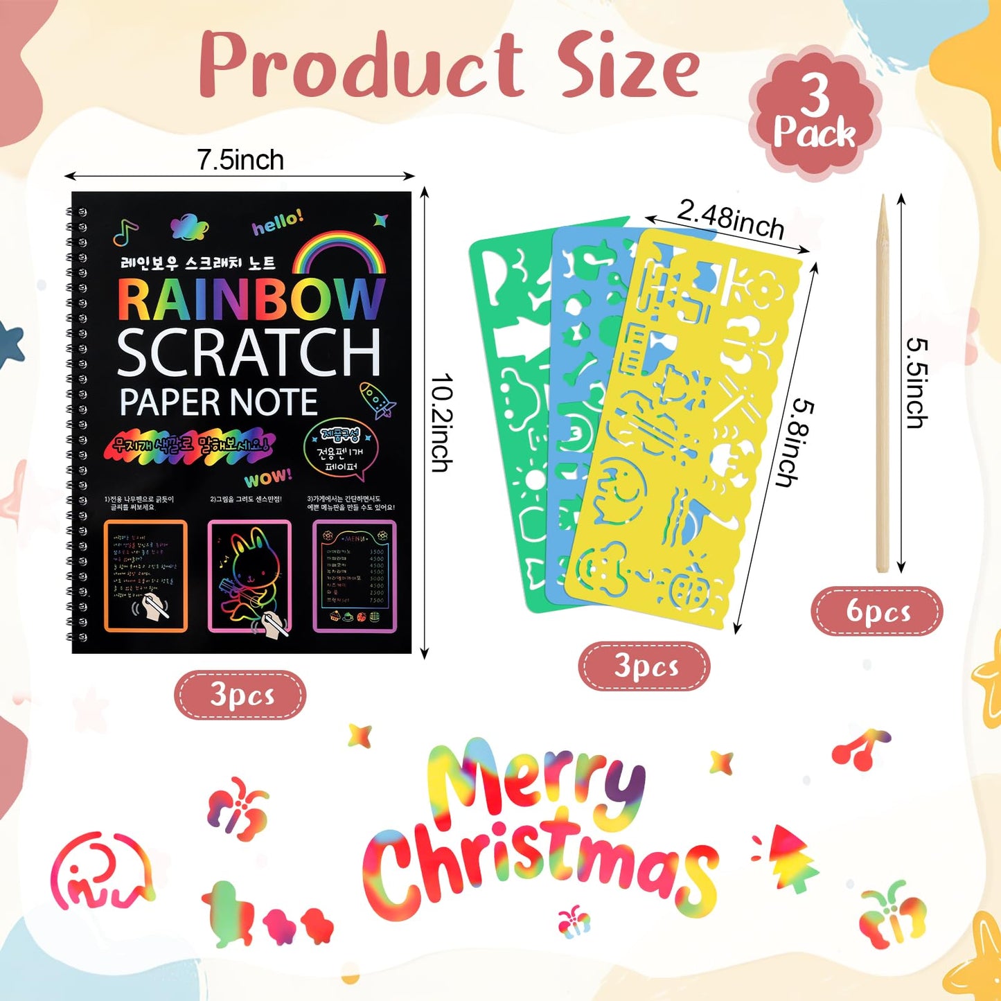 Prudiut 3-Pack Rainbow Scratch Art Kit for Kids – Creative Notebooks & Stencils