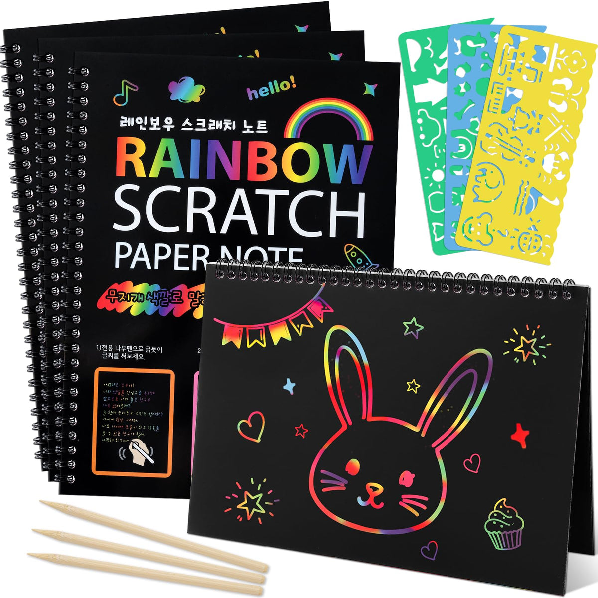 Prudiut 3-Pack Rainbow Scratch Art Kit for Kids – Creative Notebooks & Stencils
