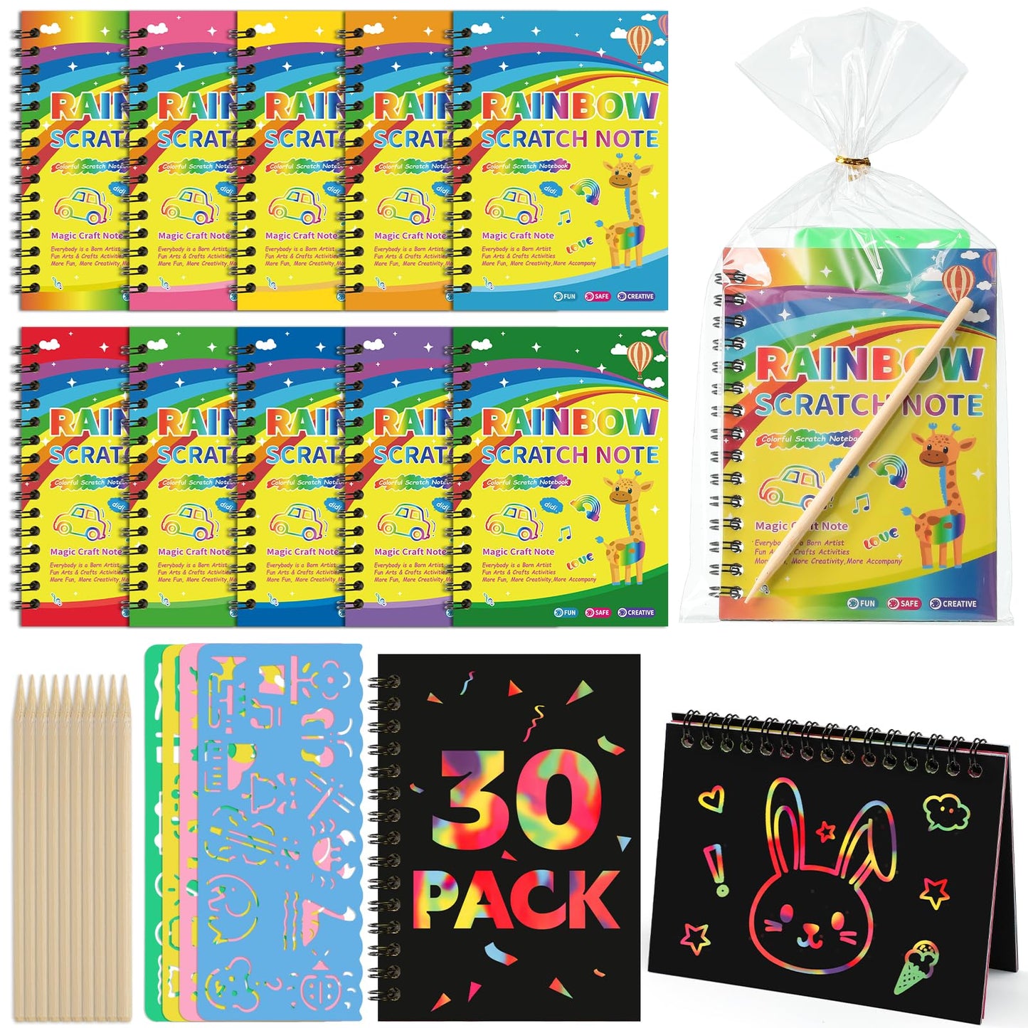 Prudiut Scratch Art 30-Pack Rainbow Notebooks – Party Favors & Gifts