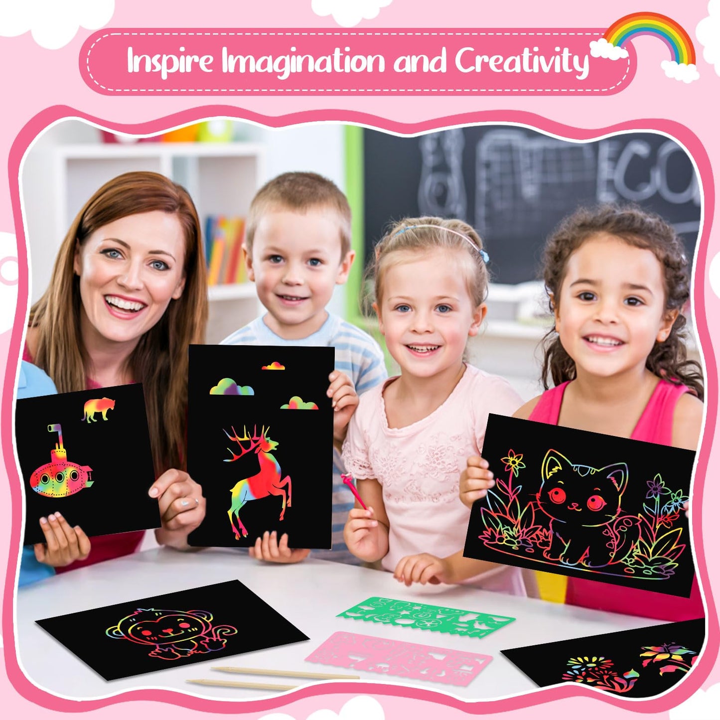 Prudiut 90-Piece Scratch Art Rainbow Set | All-in-One Kids Scratch Art Kit