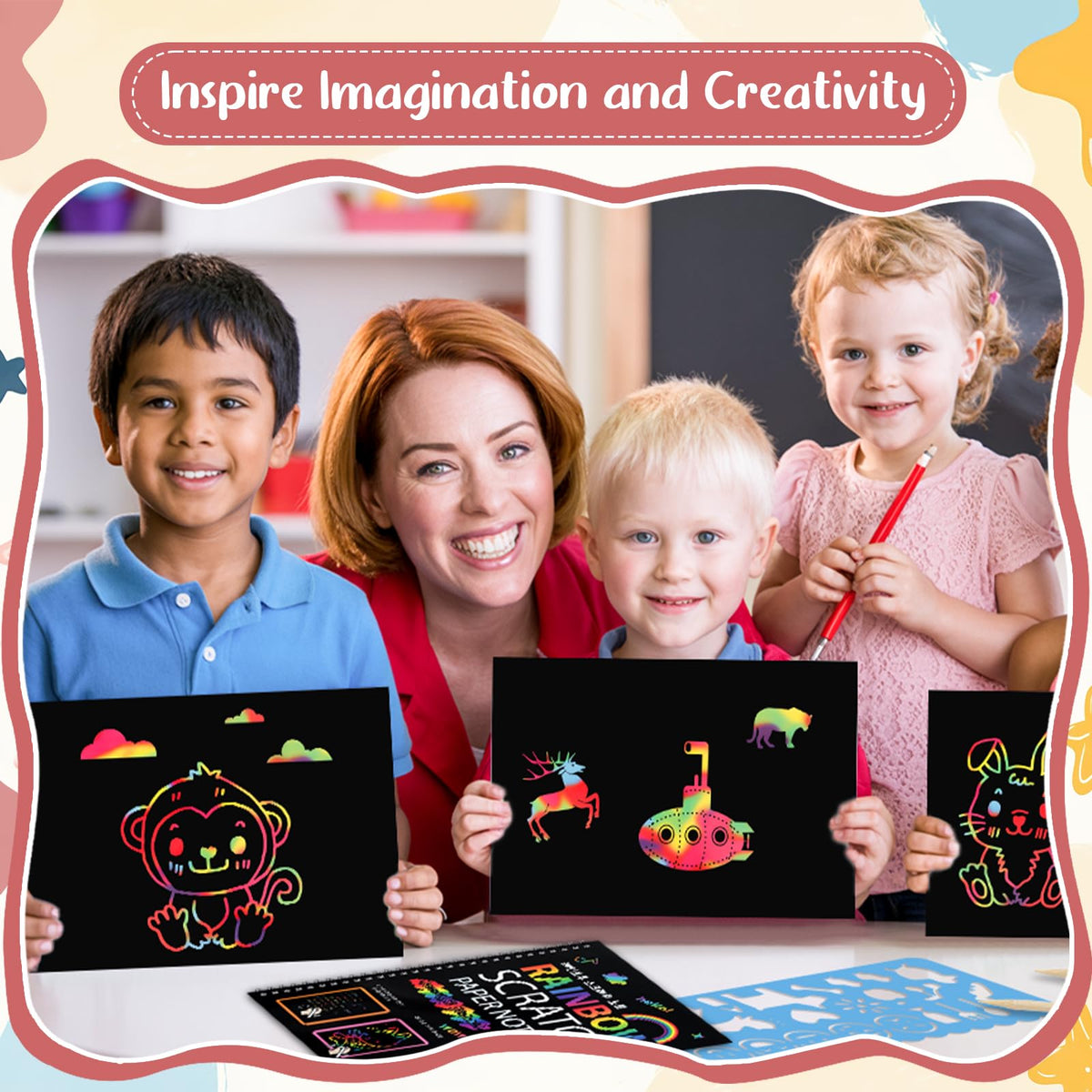 Prudiut 3-Pack Rainbow Scratch Art Kit for Kids – Creative Notebooks & Stencils