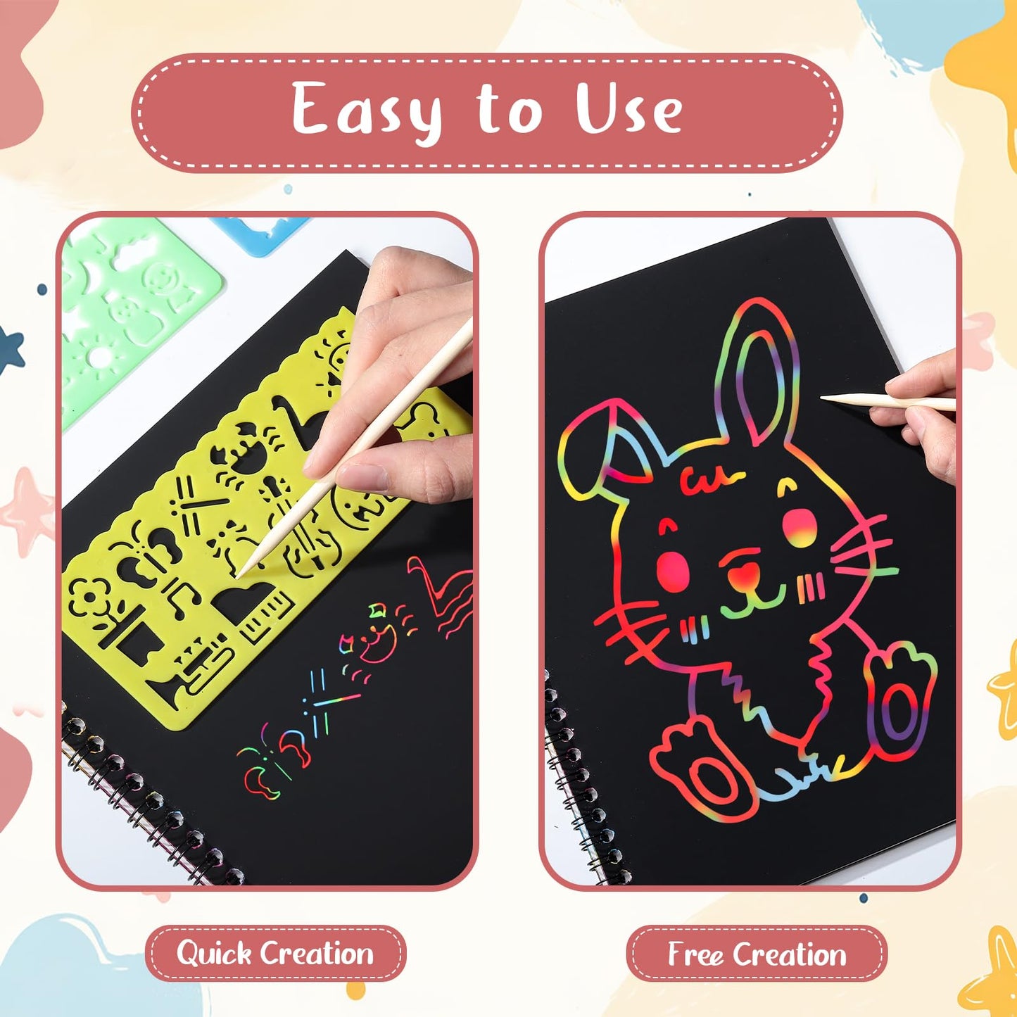 Prudiut 3-Pack Rainbow Scratch Art Kit for Kids – Creative Notebooks & Stencils