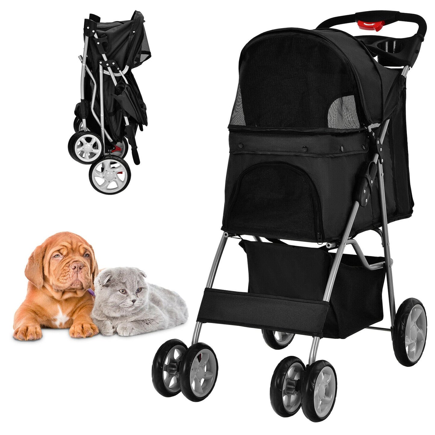 4-Wheel Folding Pet Stroller with Storage Basket and Adjustable Canopy-Beige