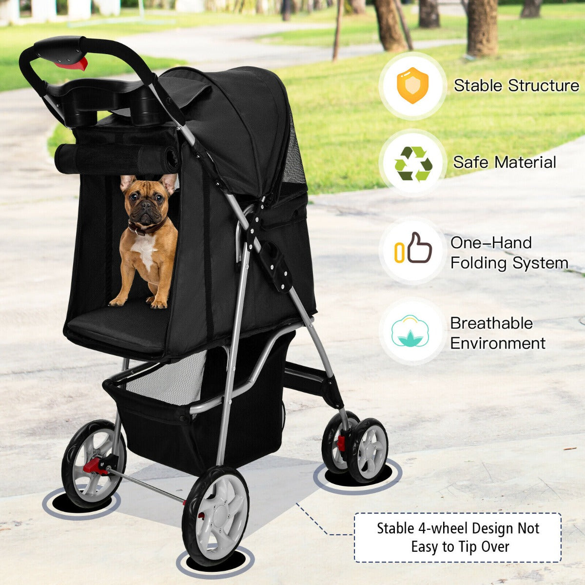 4-Wheel Folding Pet Stroller with Storage Basket and Adjustable Canopy-Beige