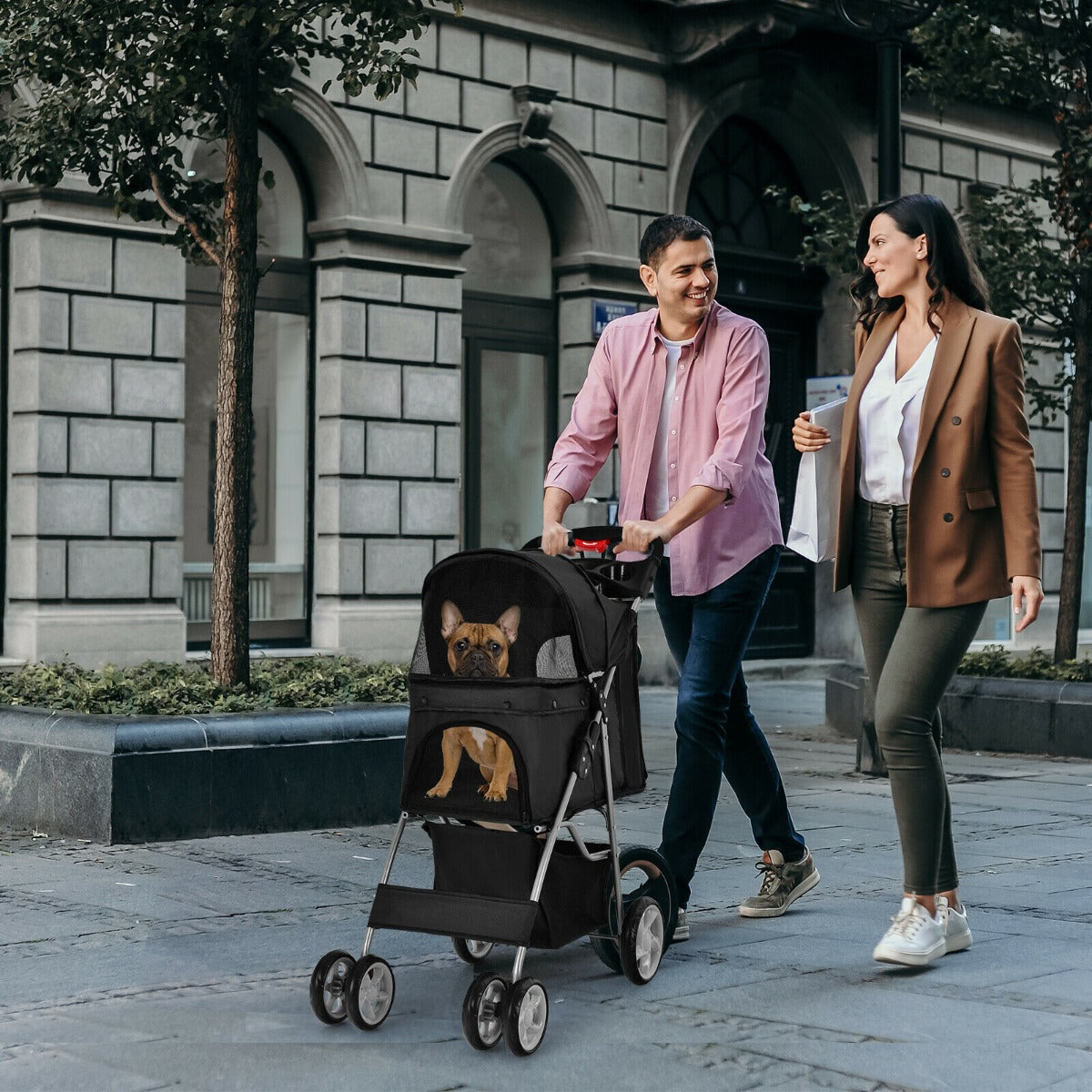 4-Wheel Folding Pet Stroller with Storage Basket and Adjustable Canopy-Beige