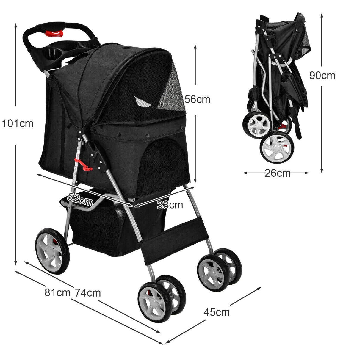 4-Wheel Folding Pet Stroller with Storage Basket and Adjustable Canopy-Beige