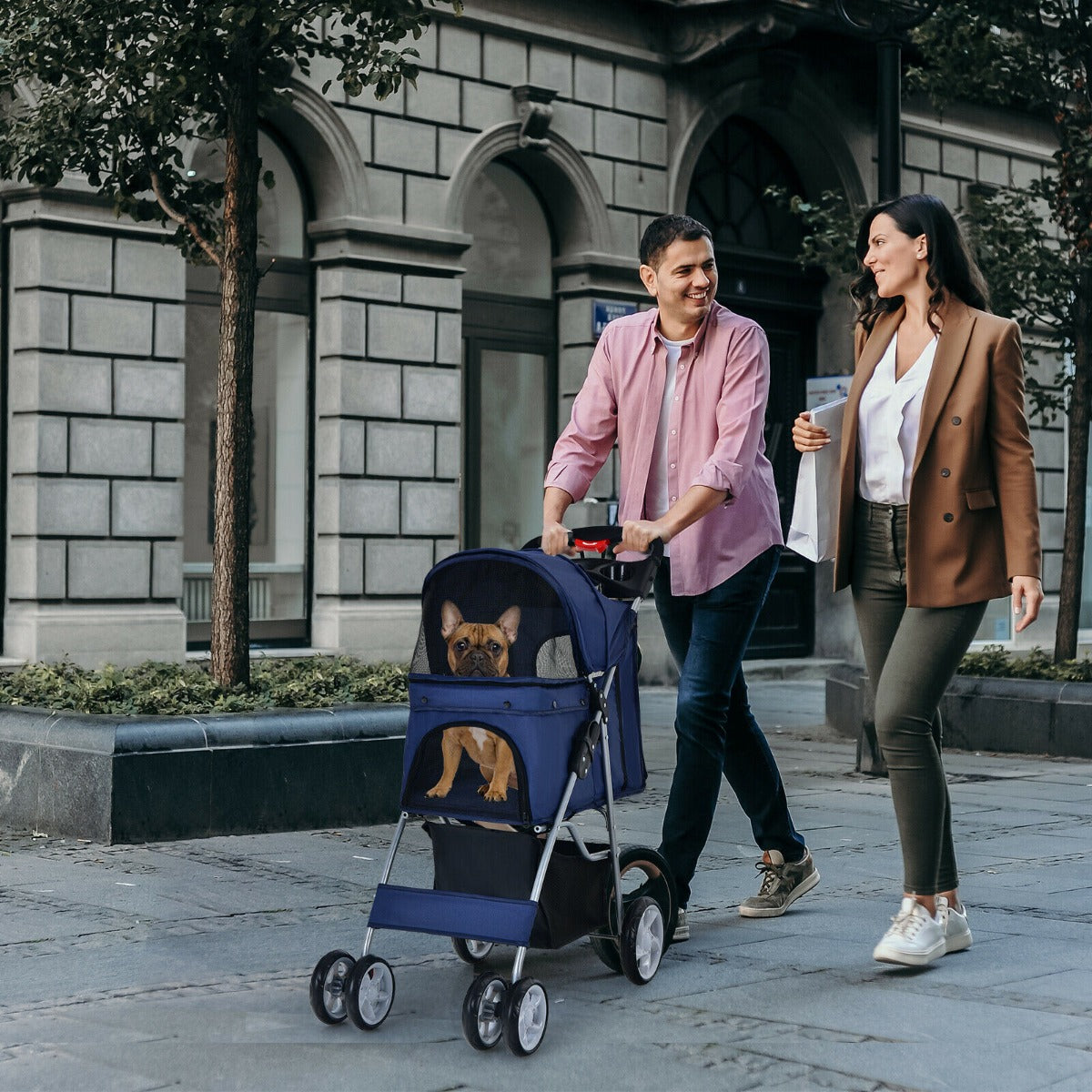 4-Wheel Folding Pet Stroller with Storage Basket and Adjustable Canopy-Beige
