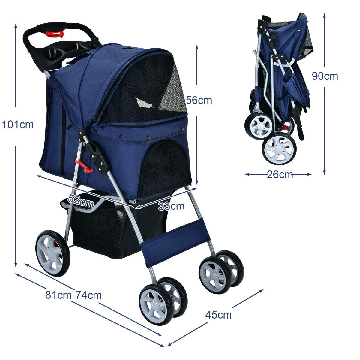 4-Wheel Folding Pet Stroller with Storage Basket and Adjustable Canopy-Beige
