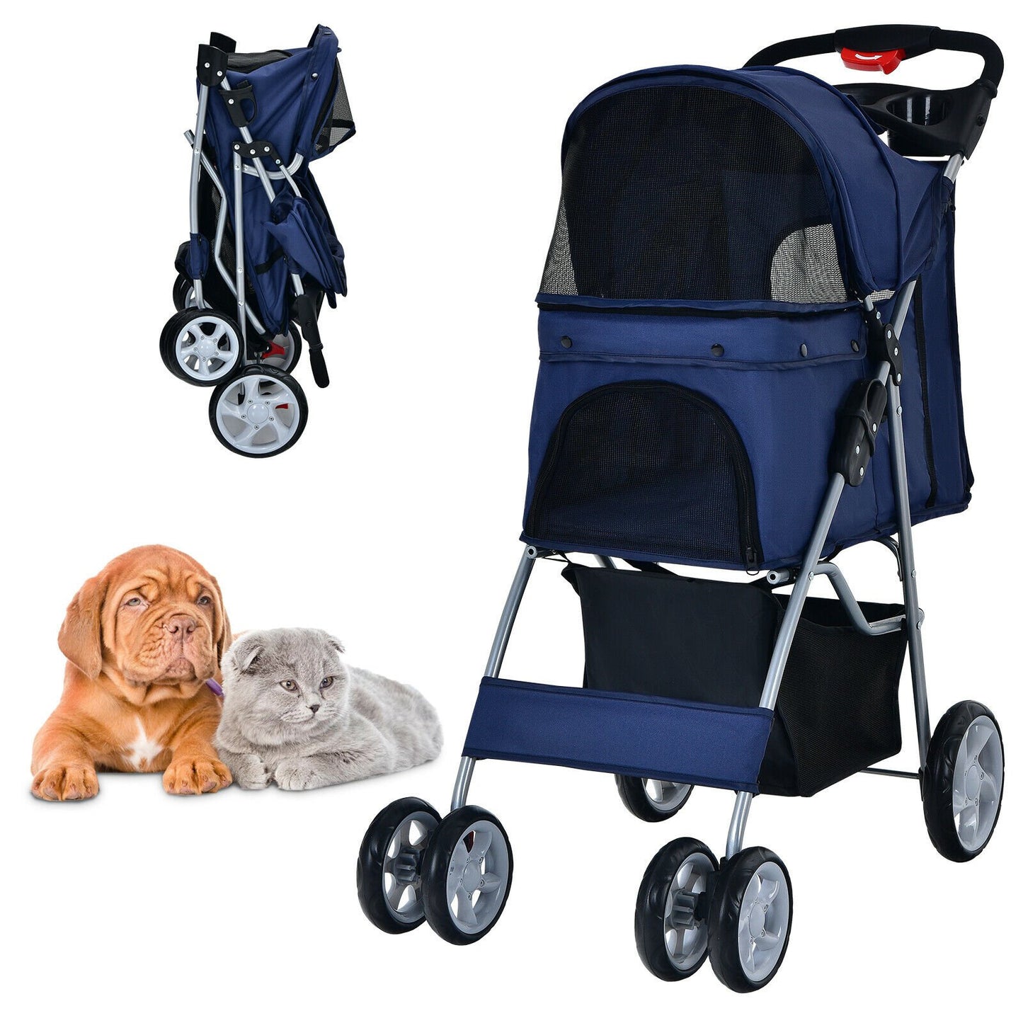 4-Wheel Folding Pet Stroller with Storage Basket and Adjustable Canopy-Beige