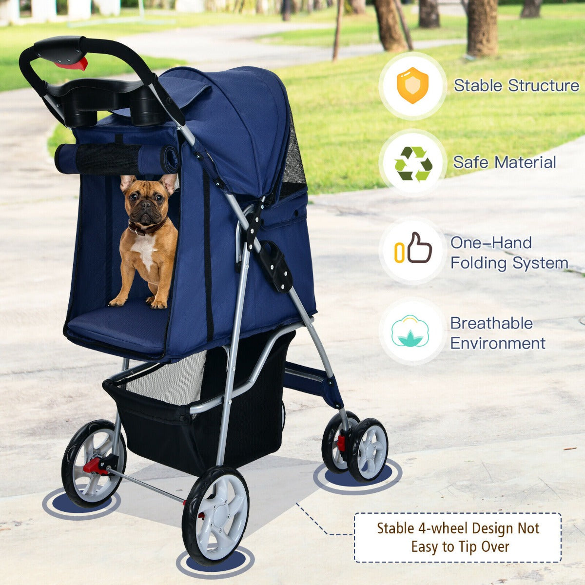 4-Wheel Folding Pet Stroller with Storage Basket and Adjustable Canopy-Beige