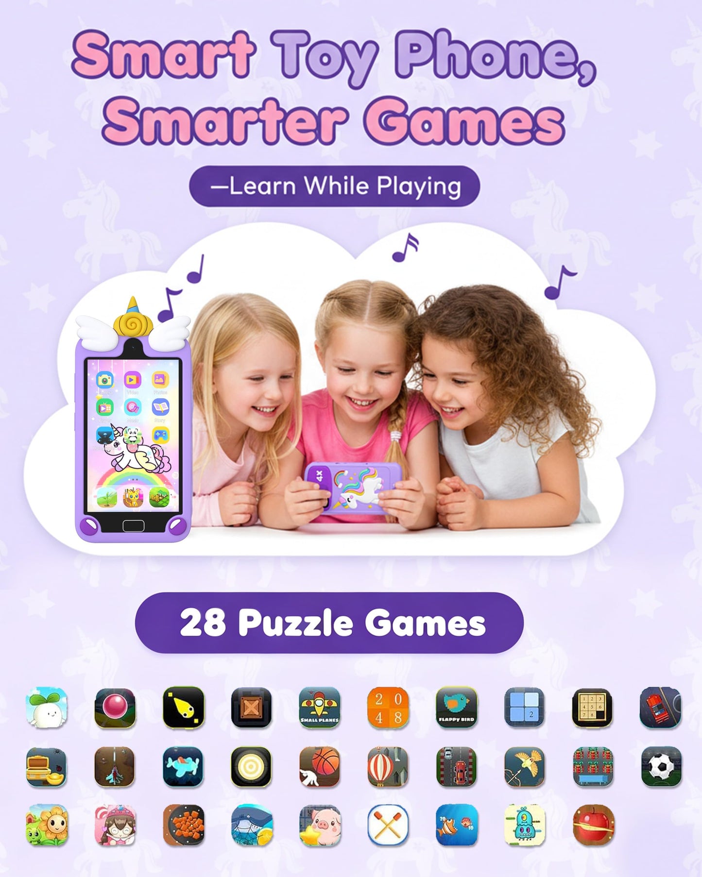 Psalms & Pals Kids Smart Phone for Girls – Safe Offline 4-Inch Touchscreen, 32GB, Purple
