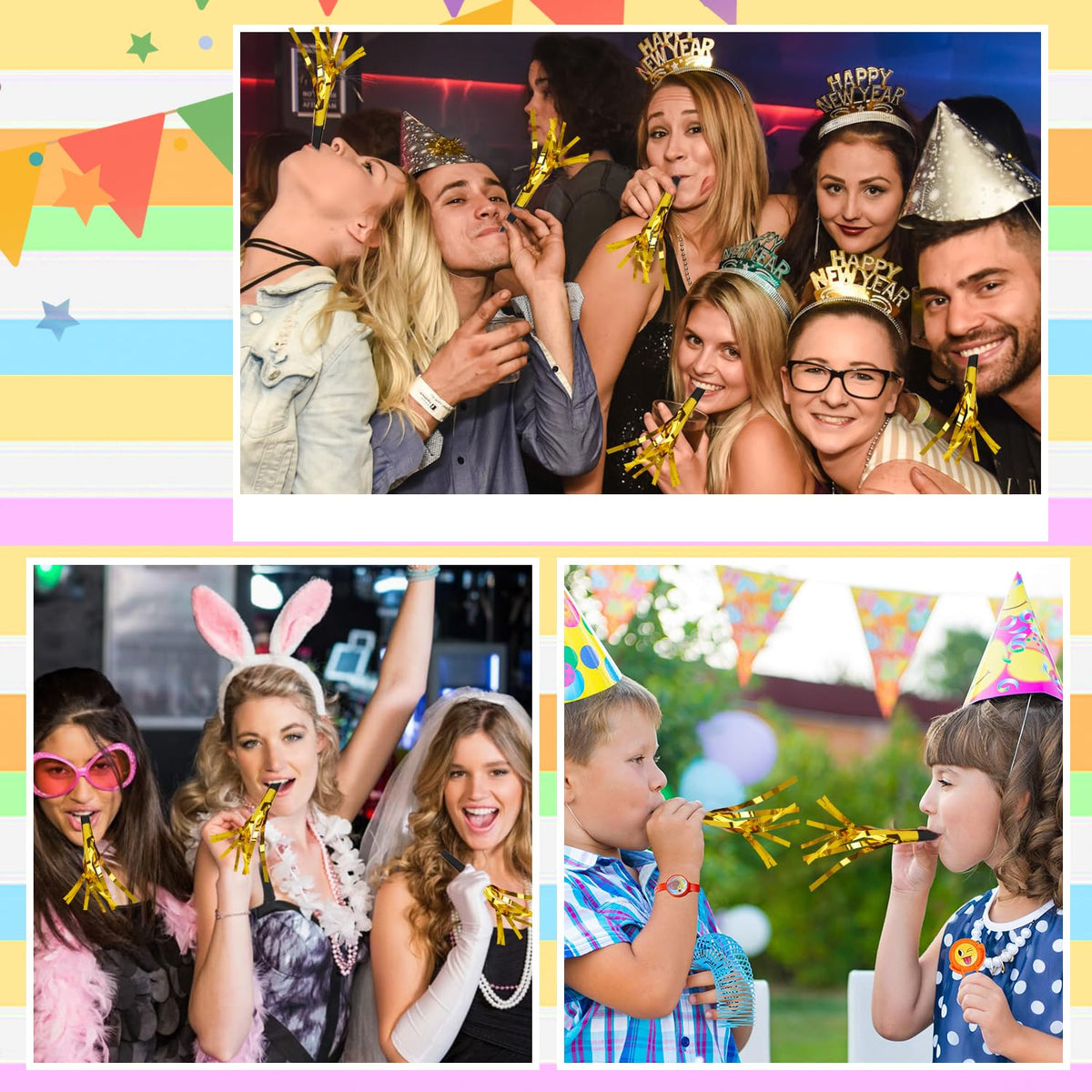 Psxuie Gold Noise Makers 24-Pack – Glitter Fringe Blowers for Adults | Birthday, New Year, Christmas & Sports Events