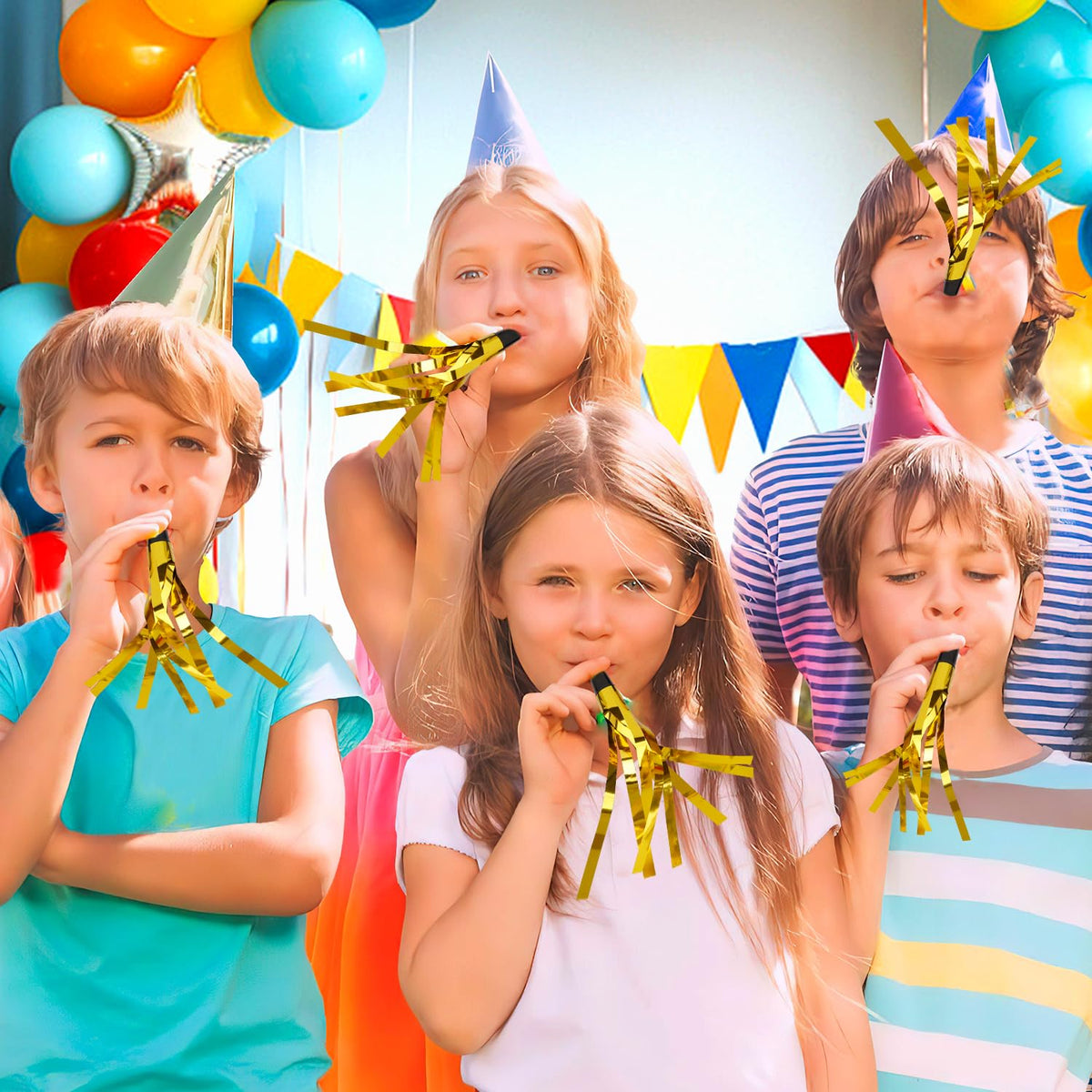 Psxuie Gold Noise Makers 24-Pack – Glitter Fringe Blowers for Adults | Birthday, New Year, Christmas & Sports Events
