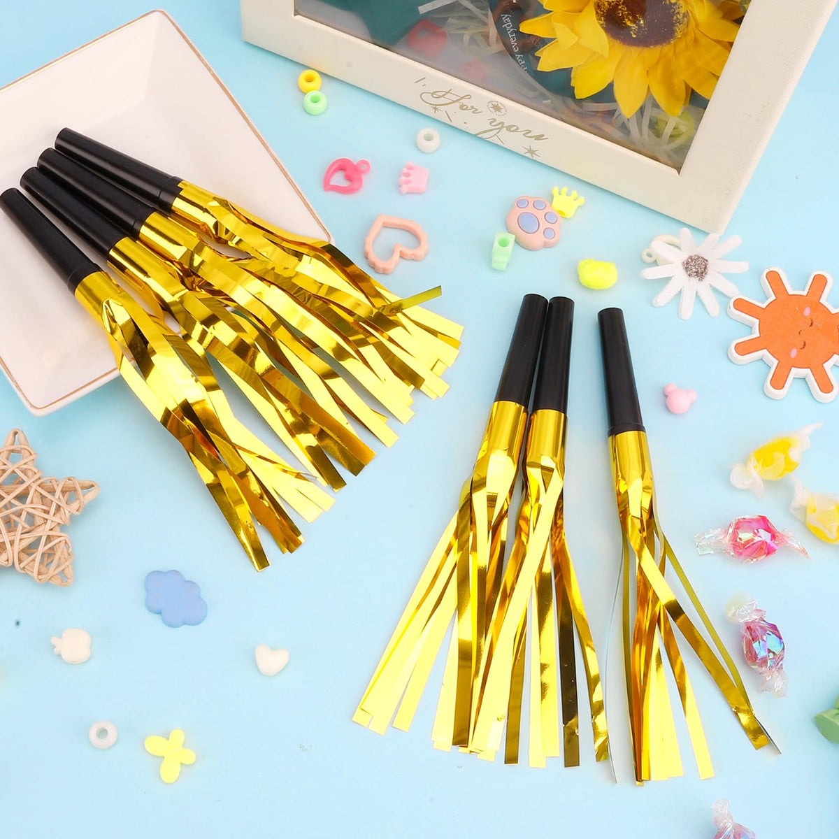 Psxuie Gold Noise Makers 24-Pack – Glitter Fringe Blowers for Adults | Birthday, New Year, Christmas & Sports Events