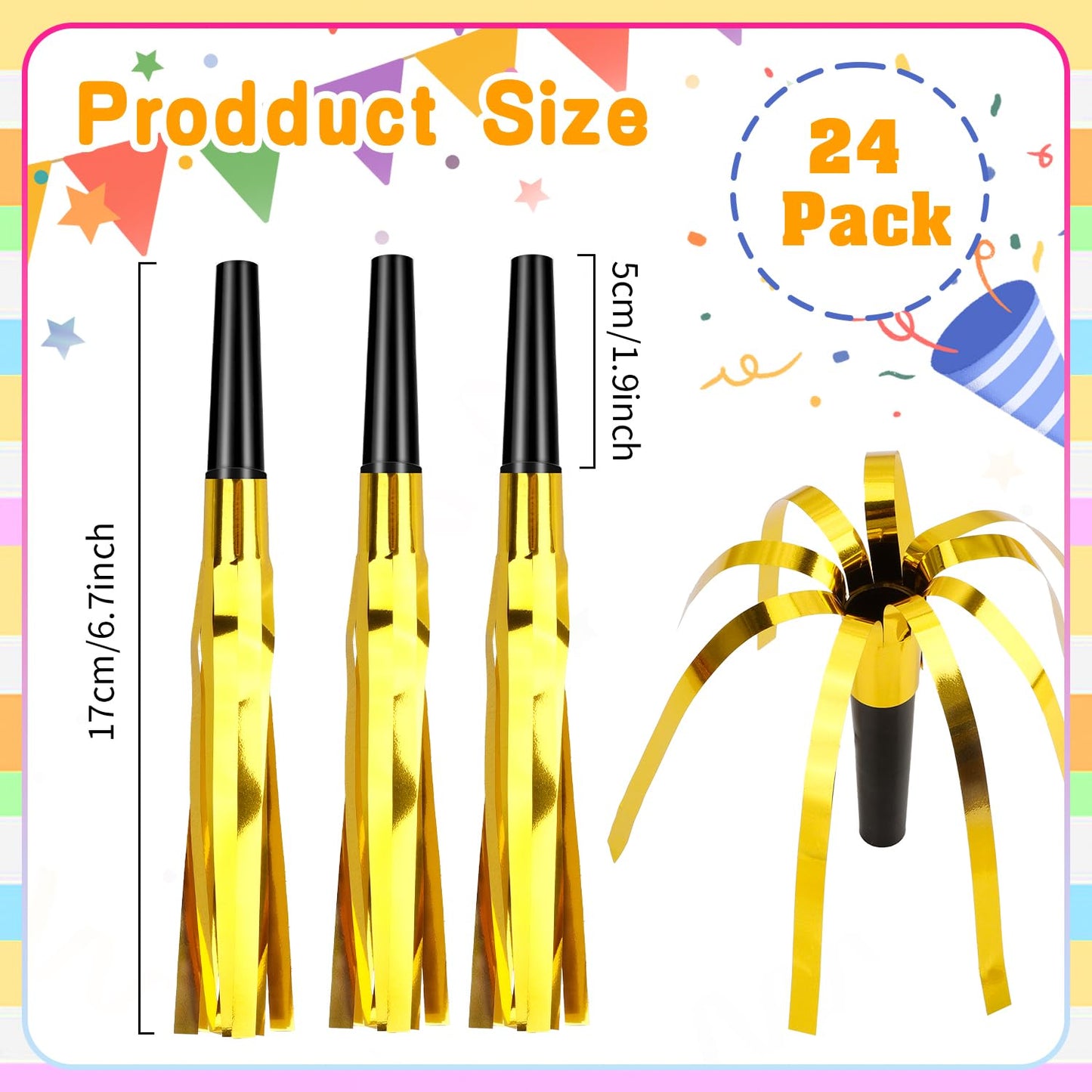 Psxuie Gold Noise Makers 24-Pack – Glitter Fringe Blowers for Adults | Birthday, New Year, Christmas & Sports Events