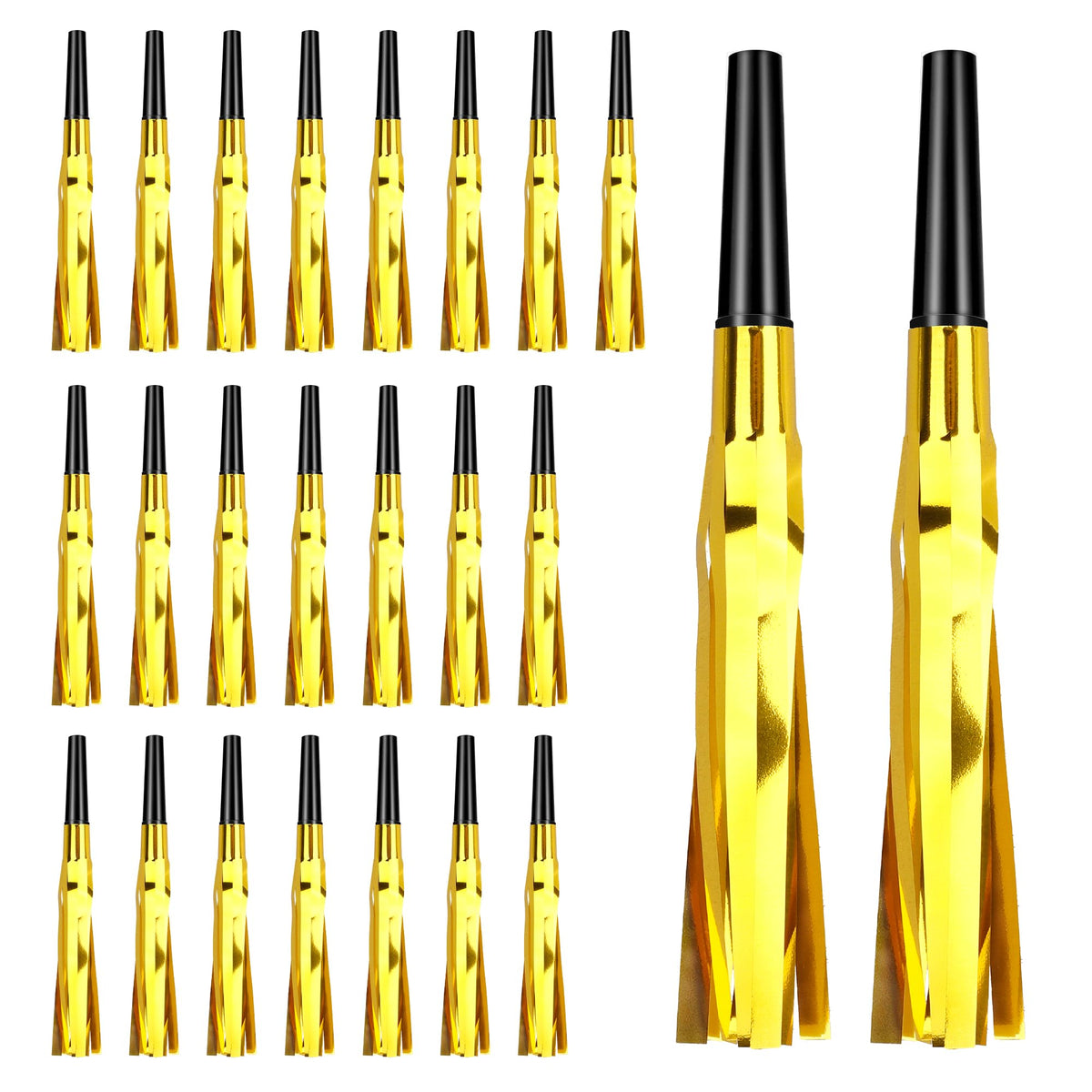 Psxuie Gold Noise Makers 24-Pack – Glitter Fringe Blowers for Adults | Birthday, New Year, Christmas & Sports Events
