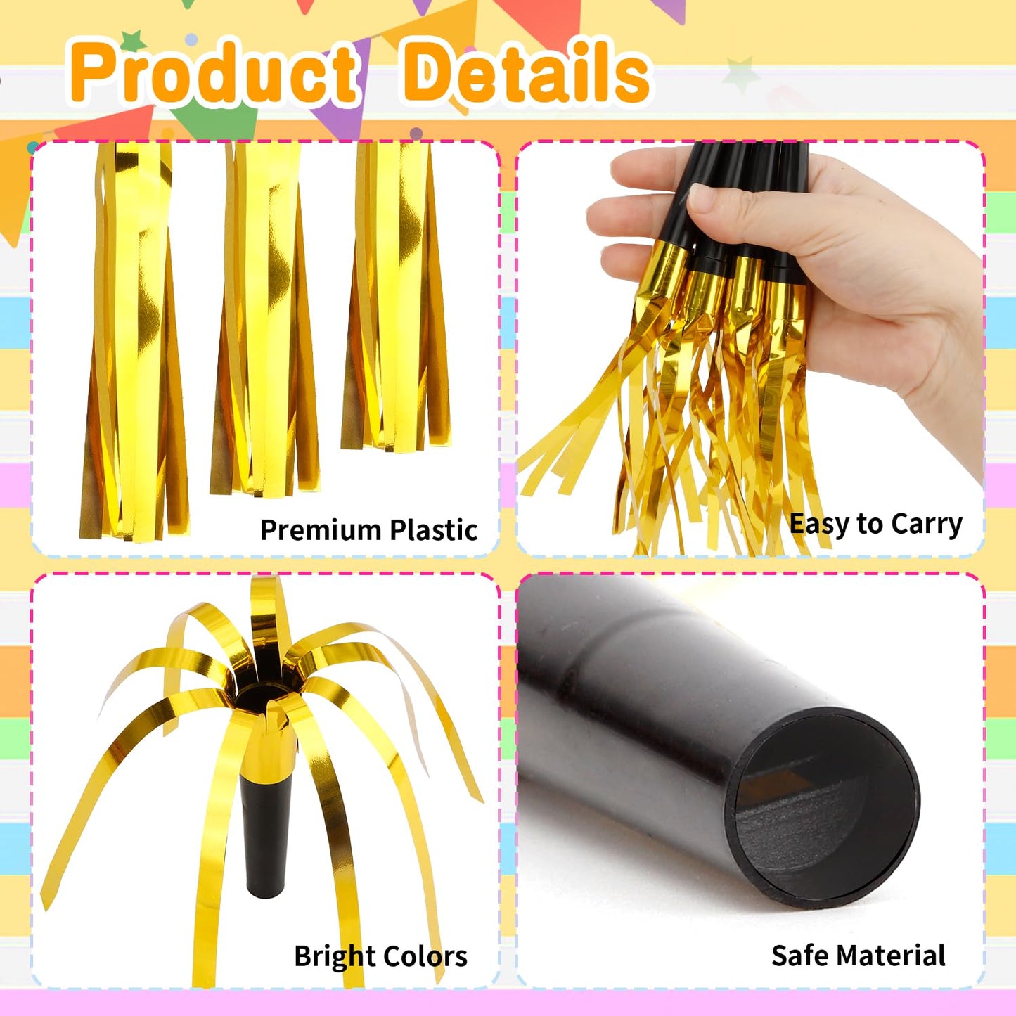 Psxuie Gold Noise Makers 24-Pack – Glitter Fringe Blowers for Adults | Birthday, New Year, Christmas & Sports Events